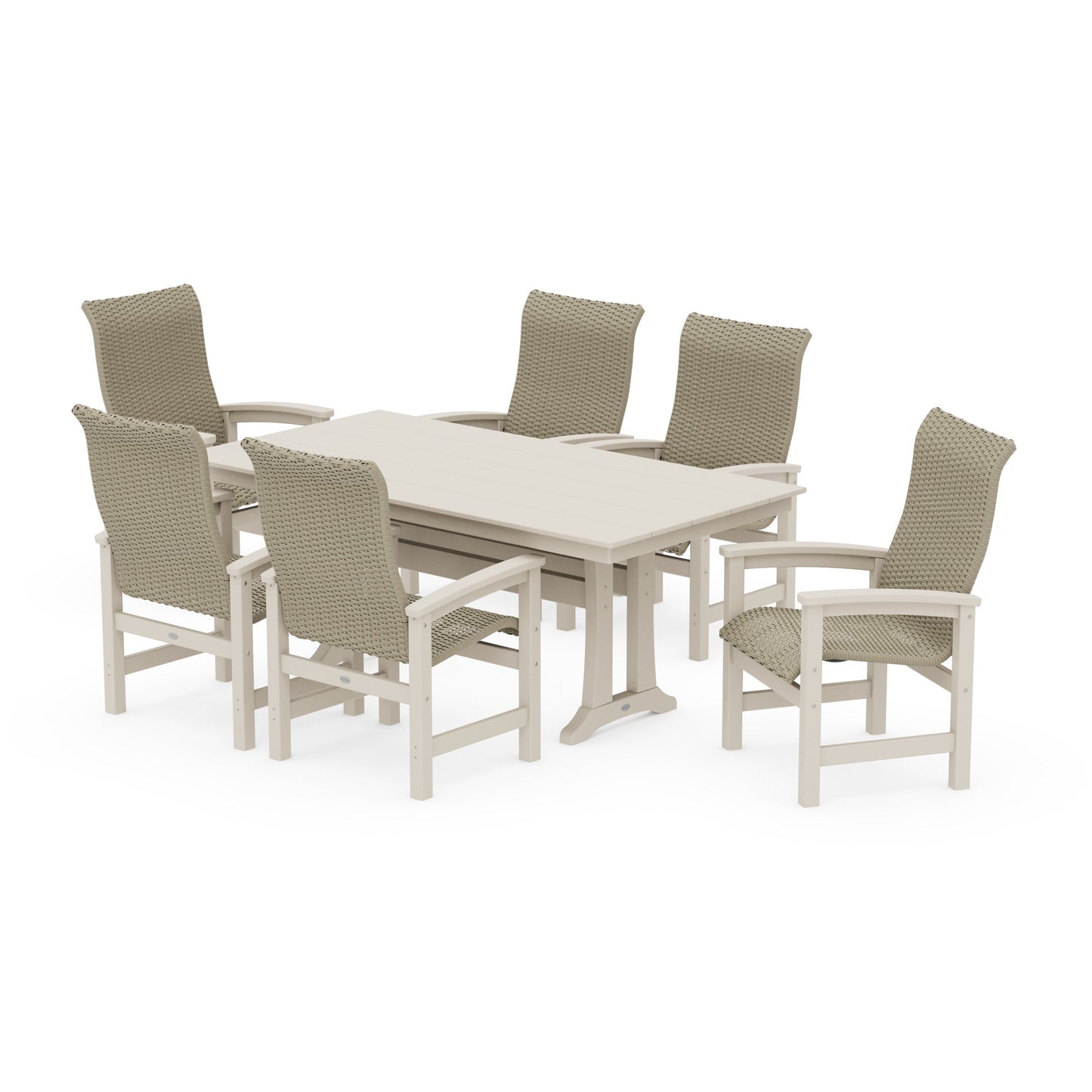 POLYWOOD Coastal Woven High-Back Arm Chair 7-Piece Farmhouse Dining Set with Trestle Legs — Sand / Dune Grass