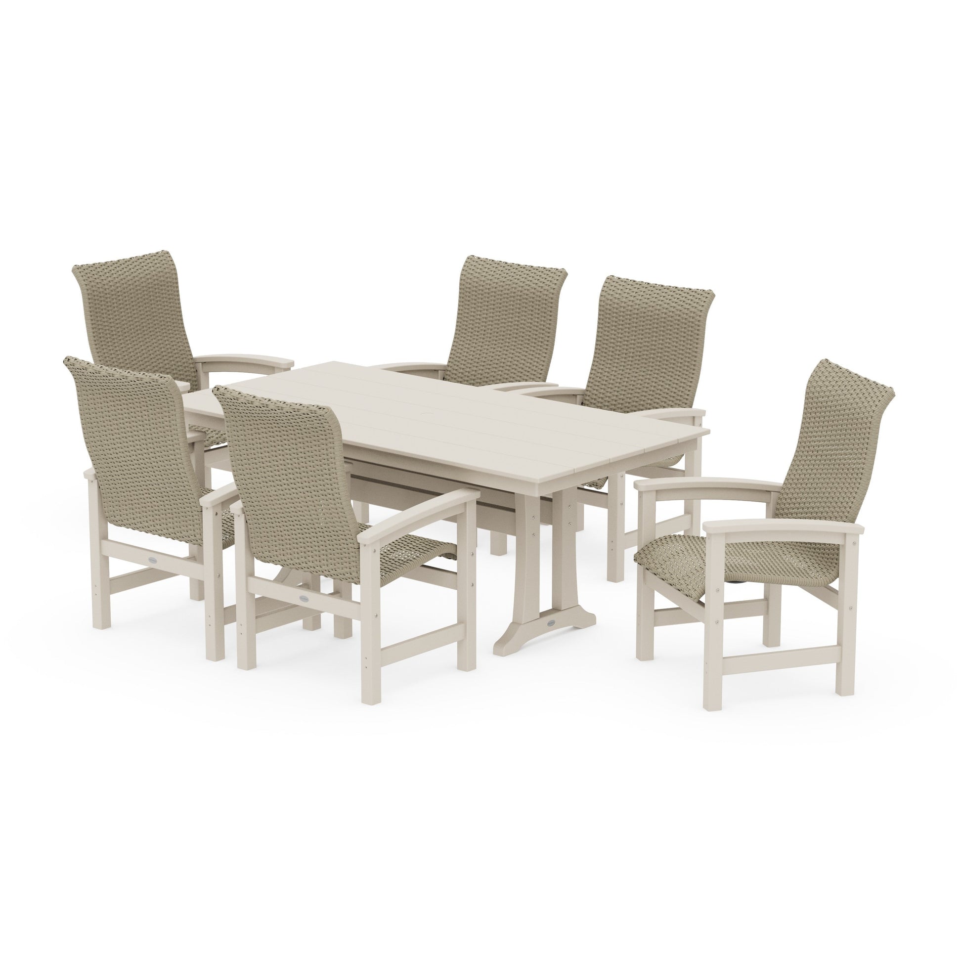 POLYWOOD Coastal Woven High-Back Arm Chair 7-Piece Farmhouse Dining Set with Trestle Legs — Sand / Dune Grass