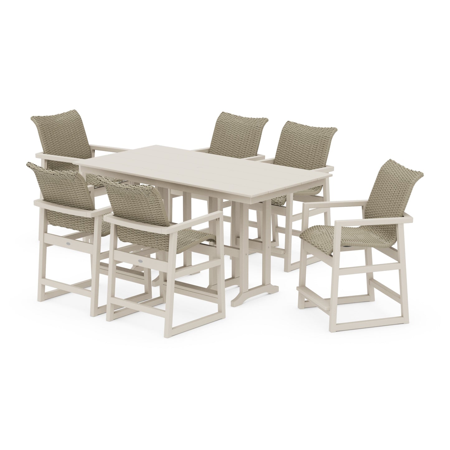 POLYWOOD EDGE Woven Arm Chair 7-Piece Farmhouse Counter Set — Sand / Dune Grass