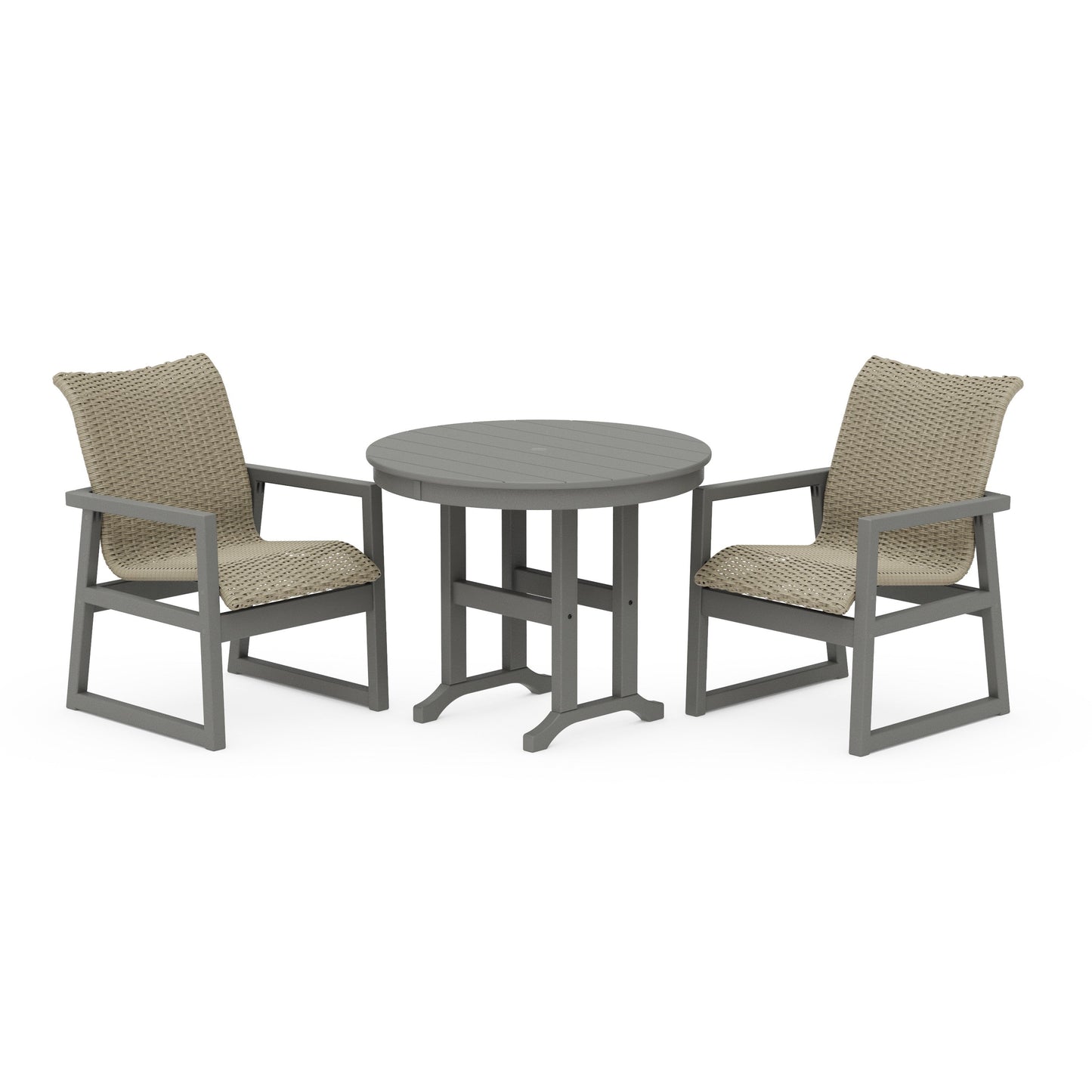 POLYWOOD EDGE Woven 3-Piece Farmhouse Dining Set — Slate Grey / Dune Grass