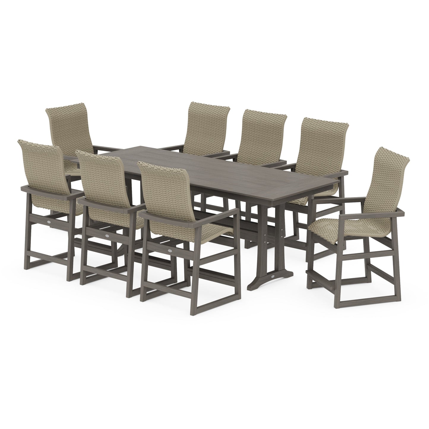 POLYWOOD EDGE Woven Highback 9-Piece Farmhouse Counter Set with Trestle Legs — Driftwood / Dune Grass