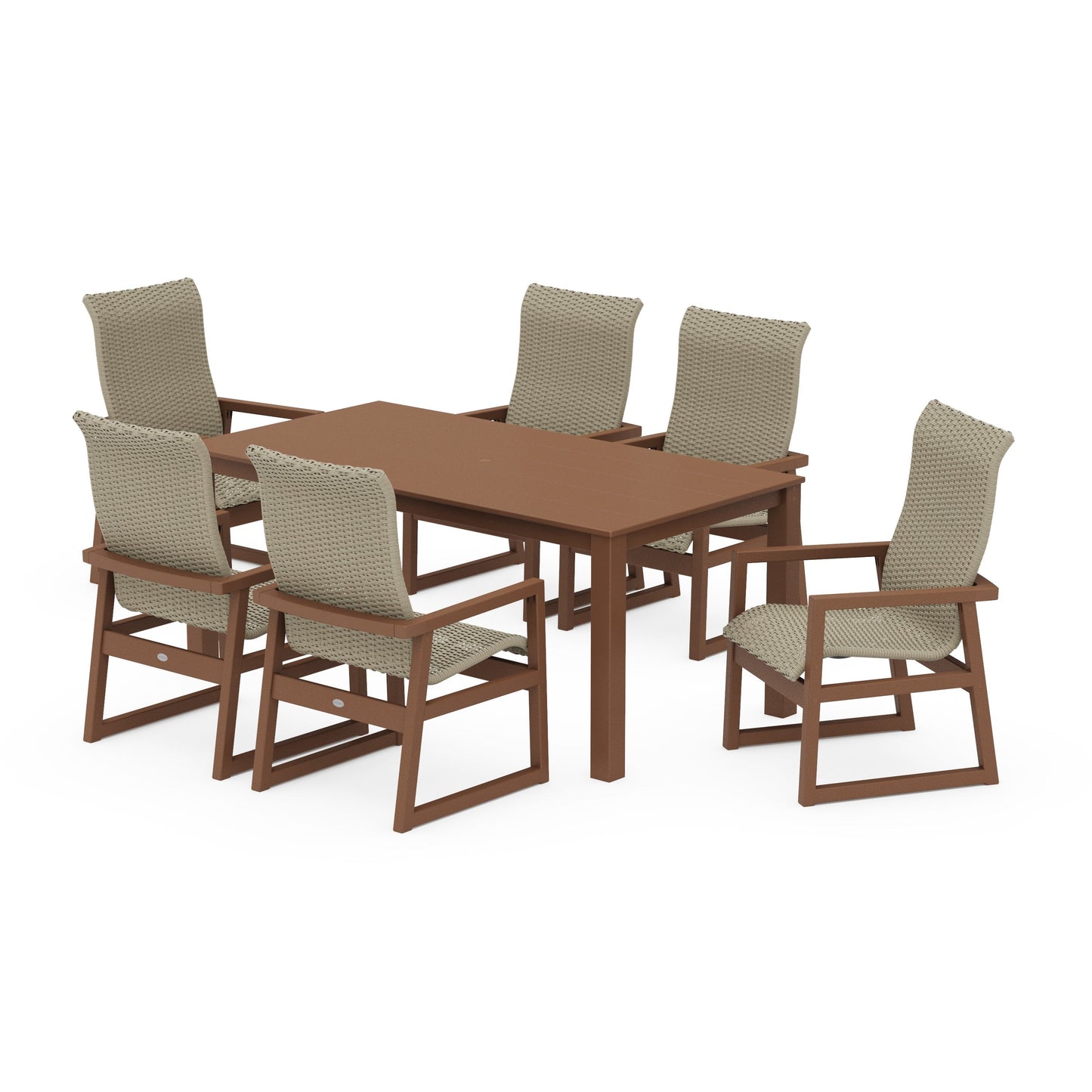 POLYWOOD EDGE Woven Highback Arm Chair 7-Piece Parsons Dining Set — Teak / Dune Grass