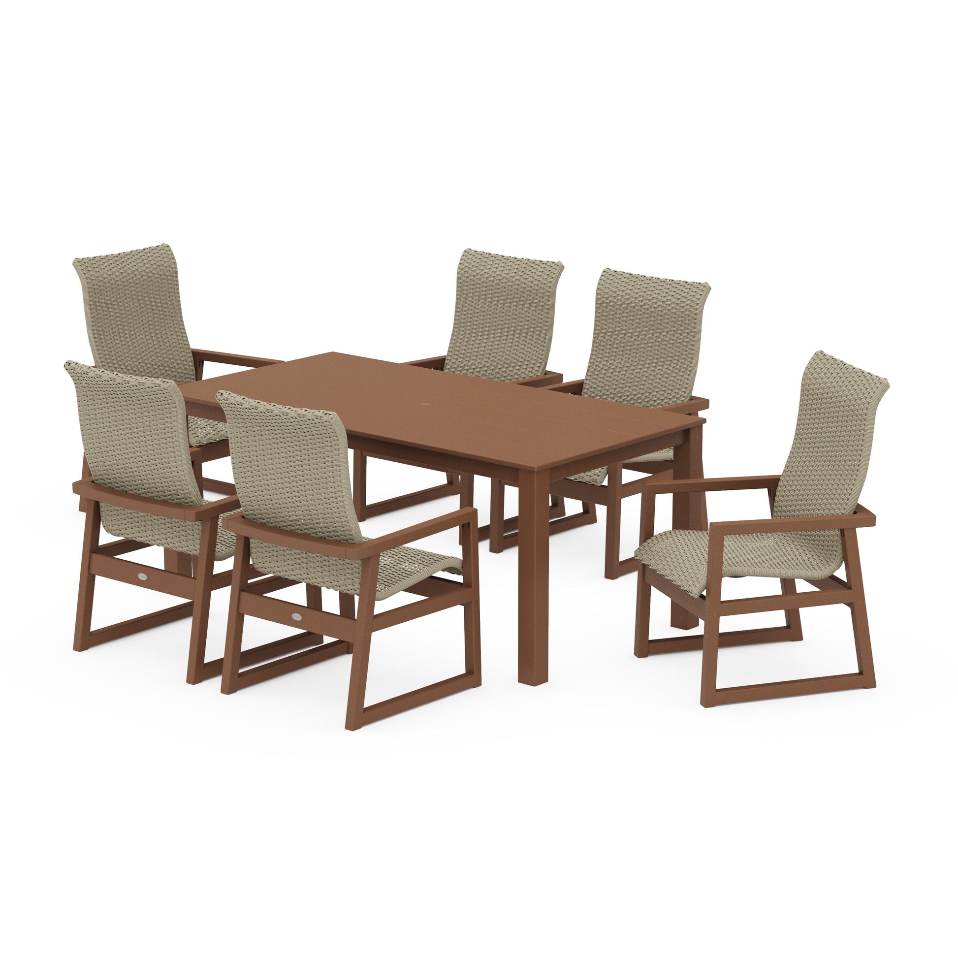 POLYWOOD EDGE Woven Highback Arm Chair 7-Piece Parsons Dining Set — Teak / Dune Grass