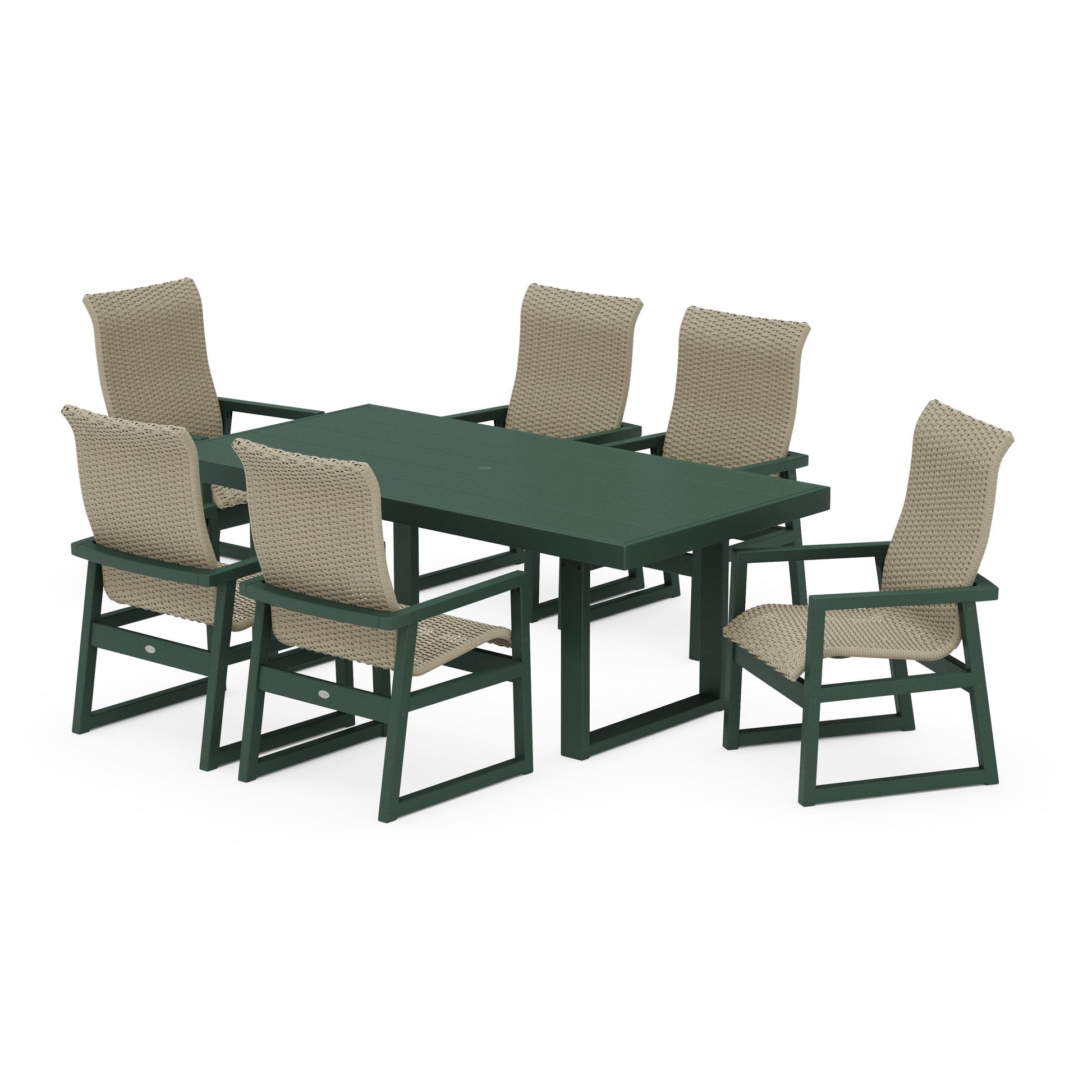 POLYWOOD EDGE Woven Highback Arm Chair 7-Piece Dining Set — Green / Dune Grass