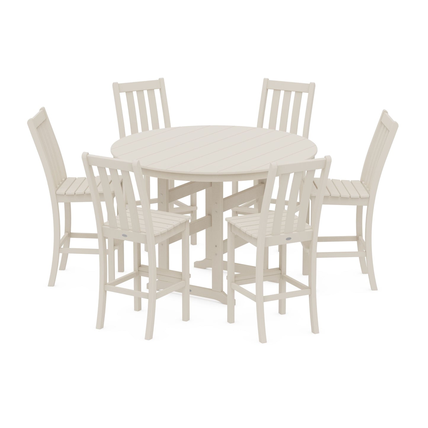 POLYWOOD Vineyard 7-Piece Side Chair Round Farmhouse Bar Set — Sand
