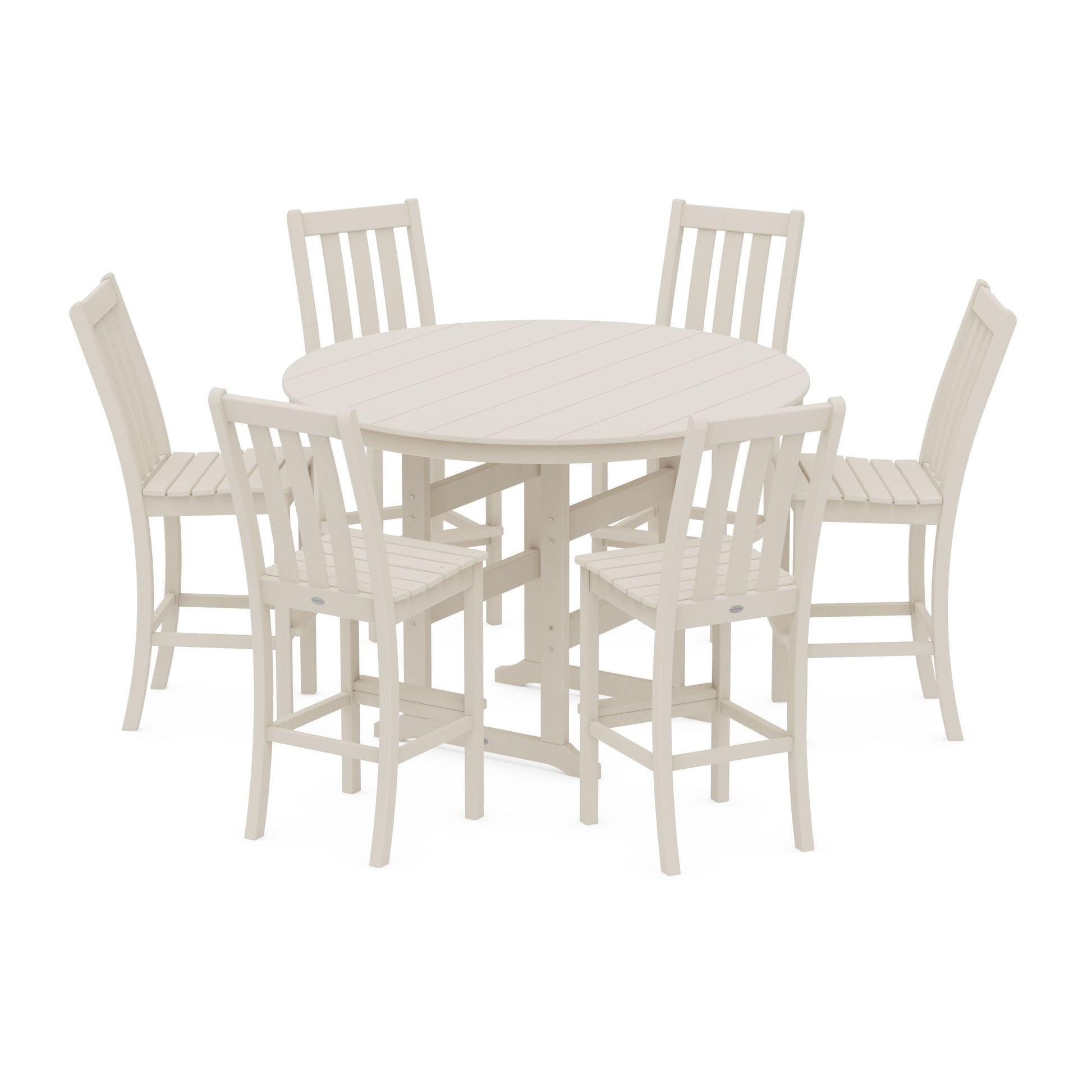 POLYWOOD Vineyard 7-Piece Side Chair Round Farmhouse Bar Set — Sand
