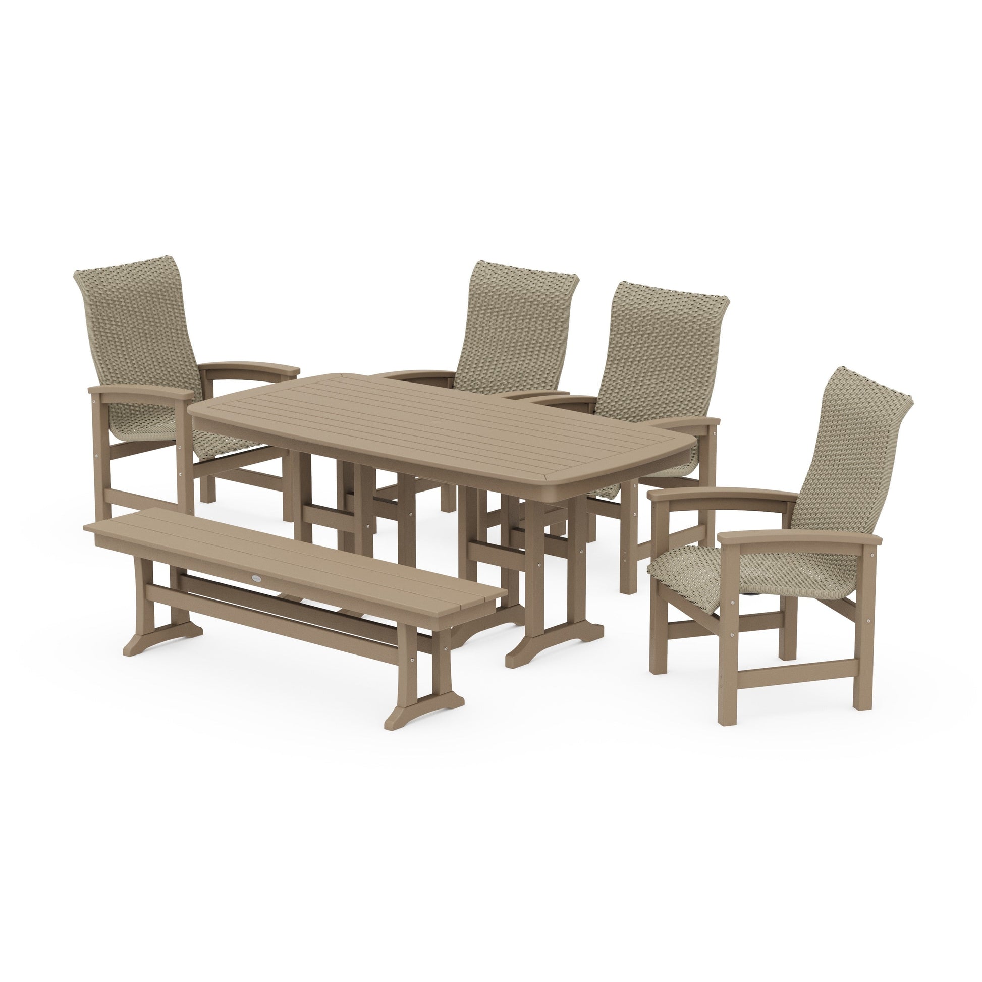 POLYWOOD Coastal Woven High-Back 6-Piece Farmhouse Dining Set with Bench — Vintage Sahara / Dune Grass