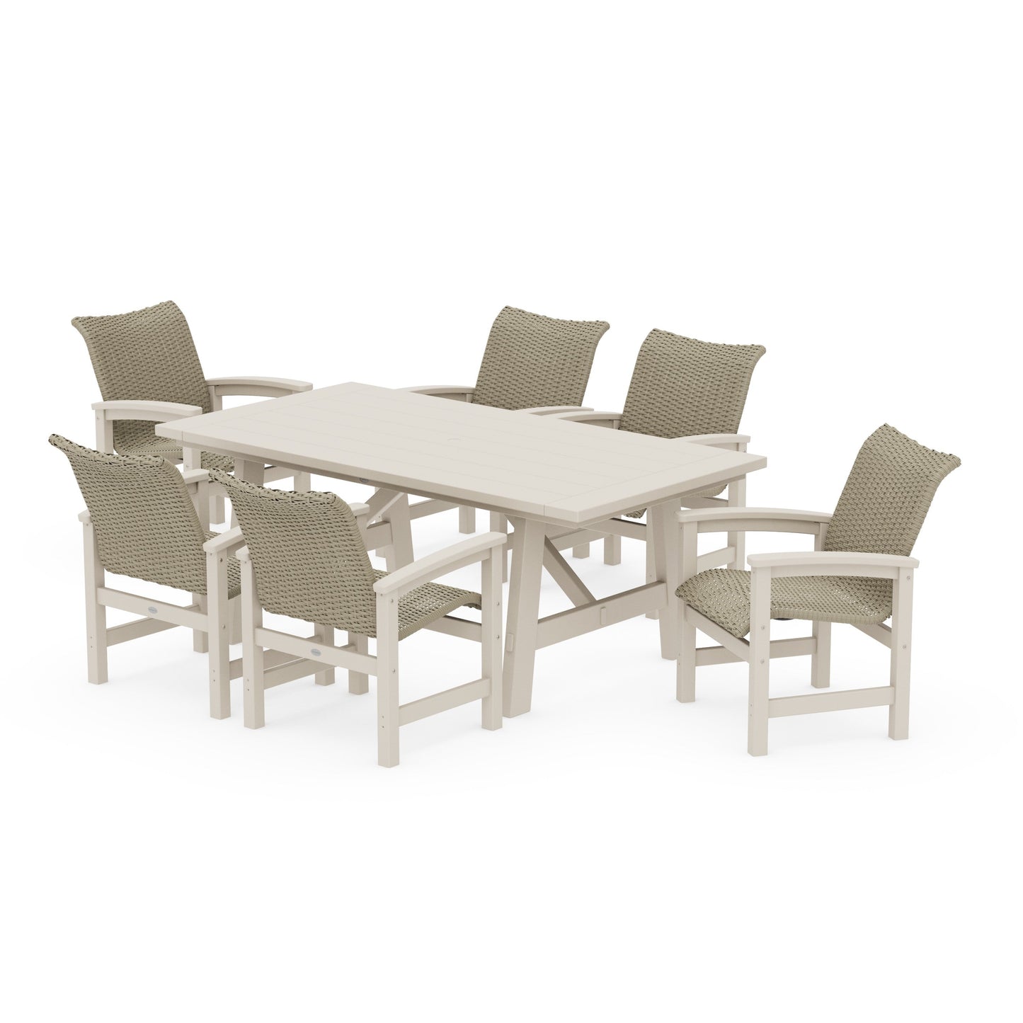 POLYWOOD Coastal Woven Arm Chair 7-Piece Rustic Farmhouse Dining Set — Sand / Dune Grass