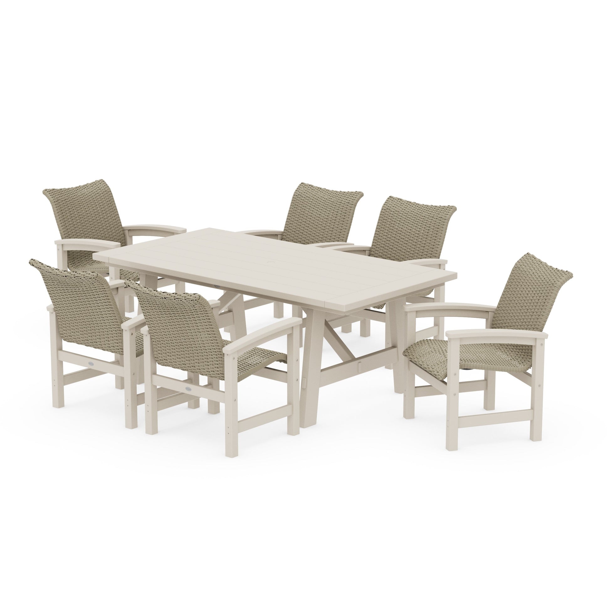 POLYWOOD Coastal Woven Arm Chair 7-Piece Rustic Farmhouse Dining Set — Sand / Dune Grass