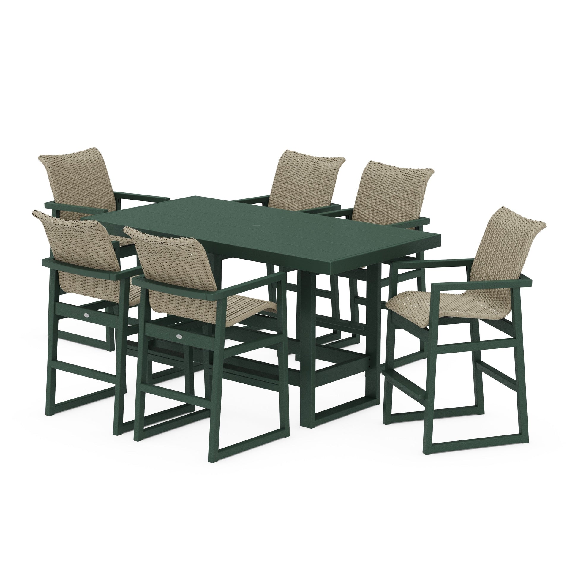 POLYWOOD EDGE Woven Arm Chair 7-Piece Bar Set — Green / Dune Grass