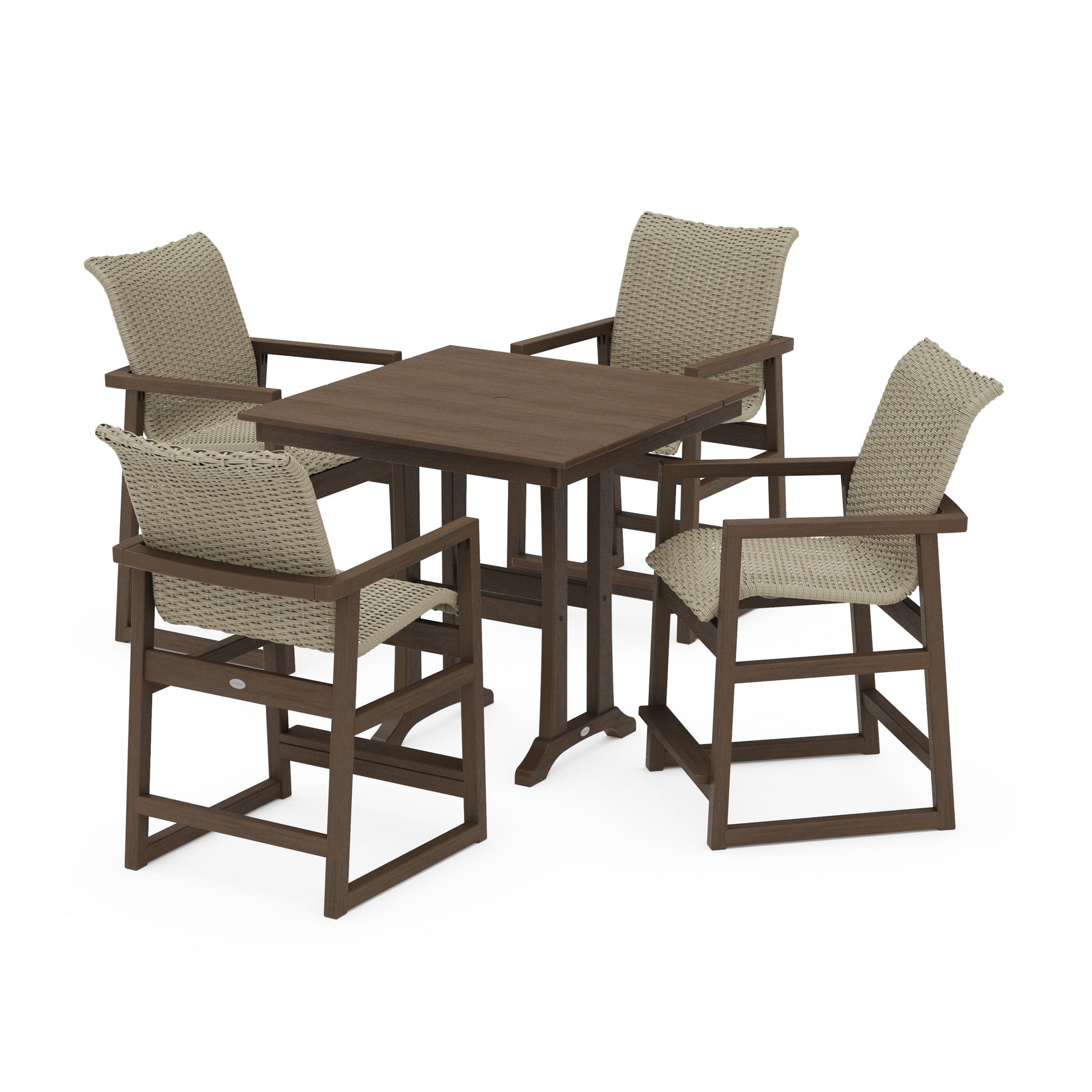 POLYWOOD EDGE Woven 5-Piece Farmhouse Counter Set with Trestle Legs — Kona / Dune Grass