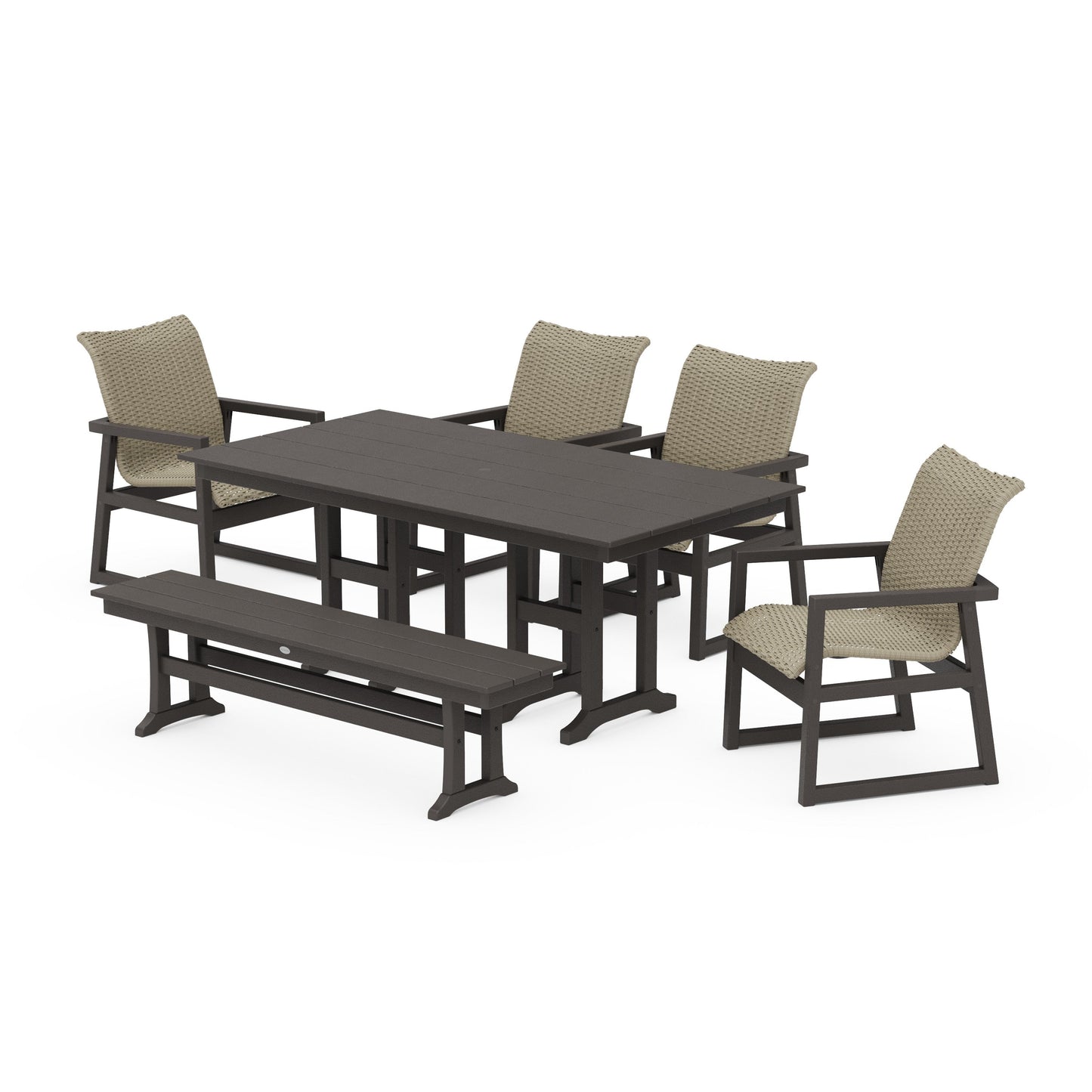 POLYWOOD EDGE Woven 6-Piece Farmhouse Dining Set with Bench — Vintage Coffee / Dune Grass