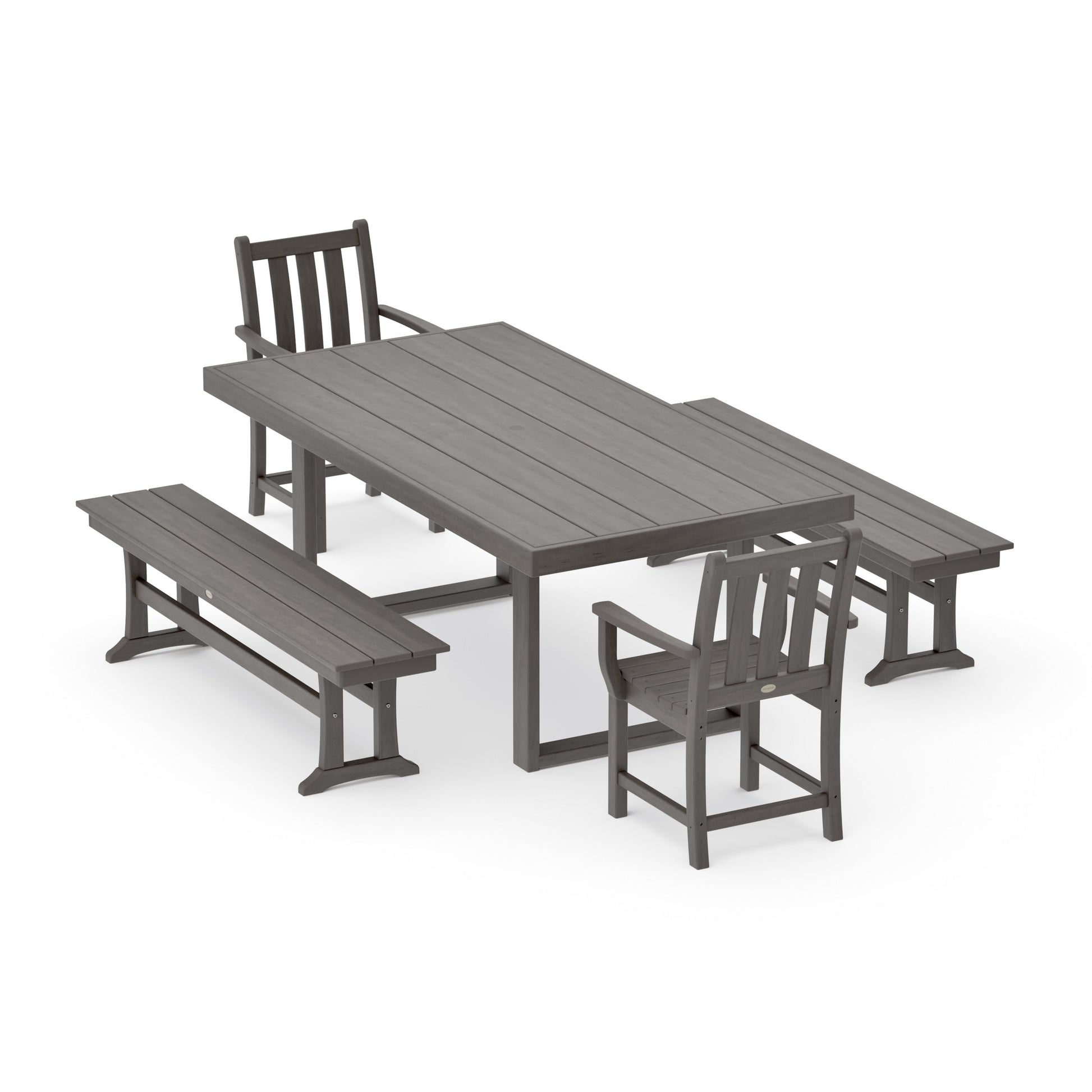 POLYWOOD Traditional Garden 5-Piece Dining Set with Benches — Driftwood