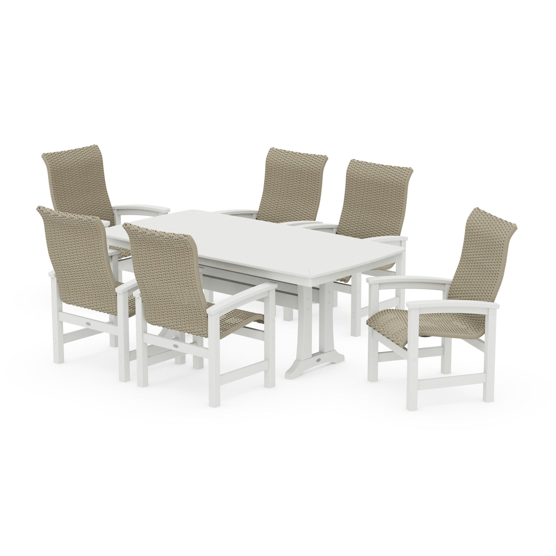 POLYWOOD Coastal Woven High-Back Arm Chair 7-Piece Dining Set with Trestle Legs — White / Dune Grass