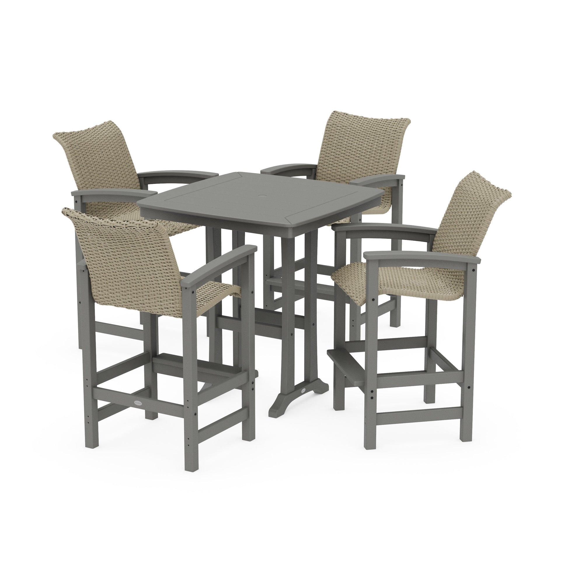 POLYWOOD Coastal Woven 5-Piece Bar Set with Trestle Legs — Slate Grey / Dune Grass