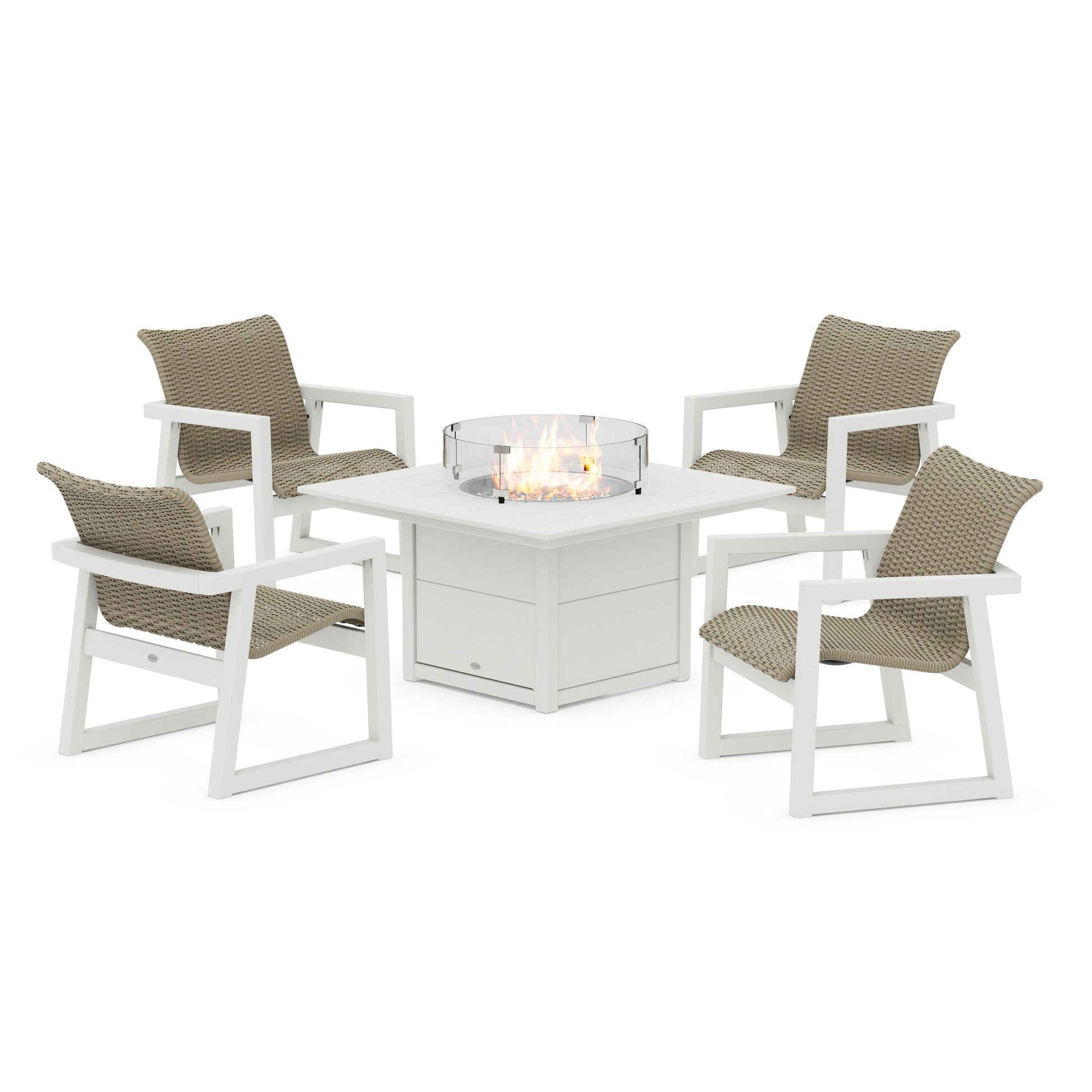 POLYWOOD EDGE Woven 5-Piece Lounge Chair Seating Set with Fire Pit Table — White / Dune Grass