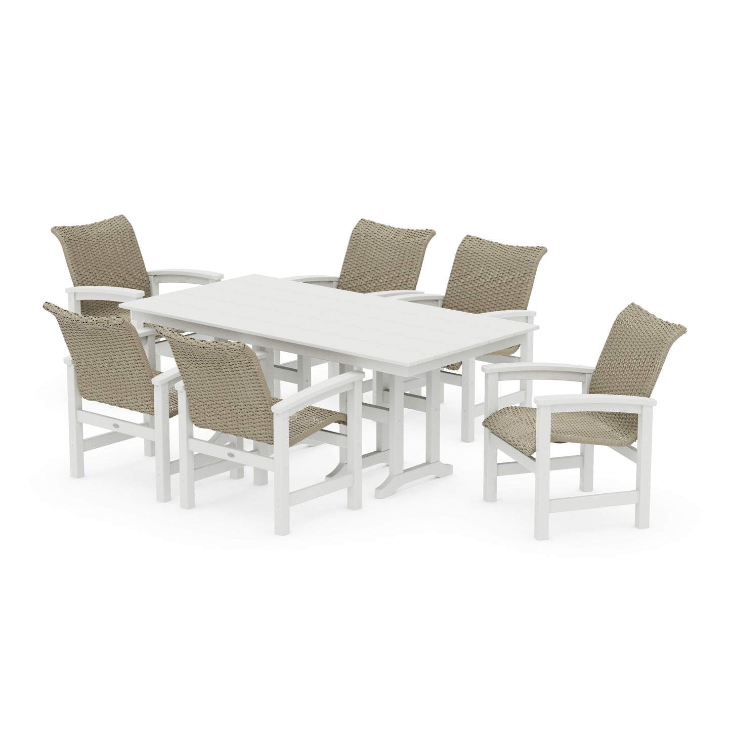 POLYWOOD Coastal Woven Arm Chair 7-Piece Farmhouse Dining Set — White / Dune Grass