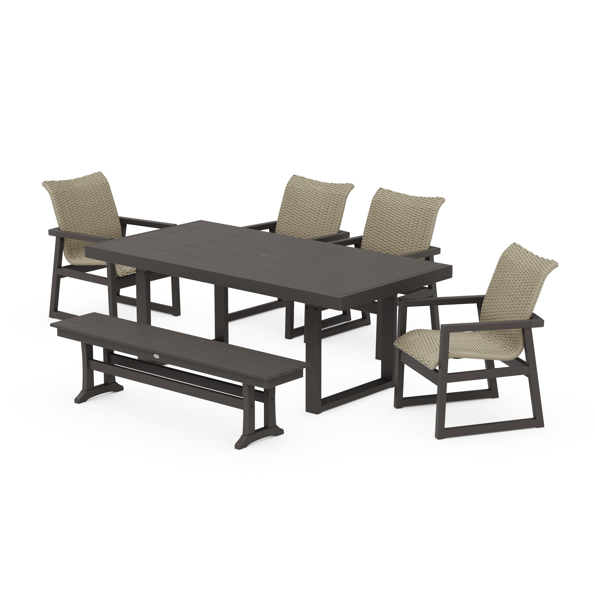 POLYWOOD EDGE Woven 6-Piece Dining Set with Bench — Vintage Coffee / Dune Grass