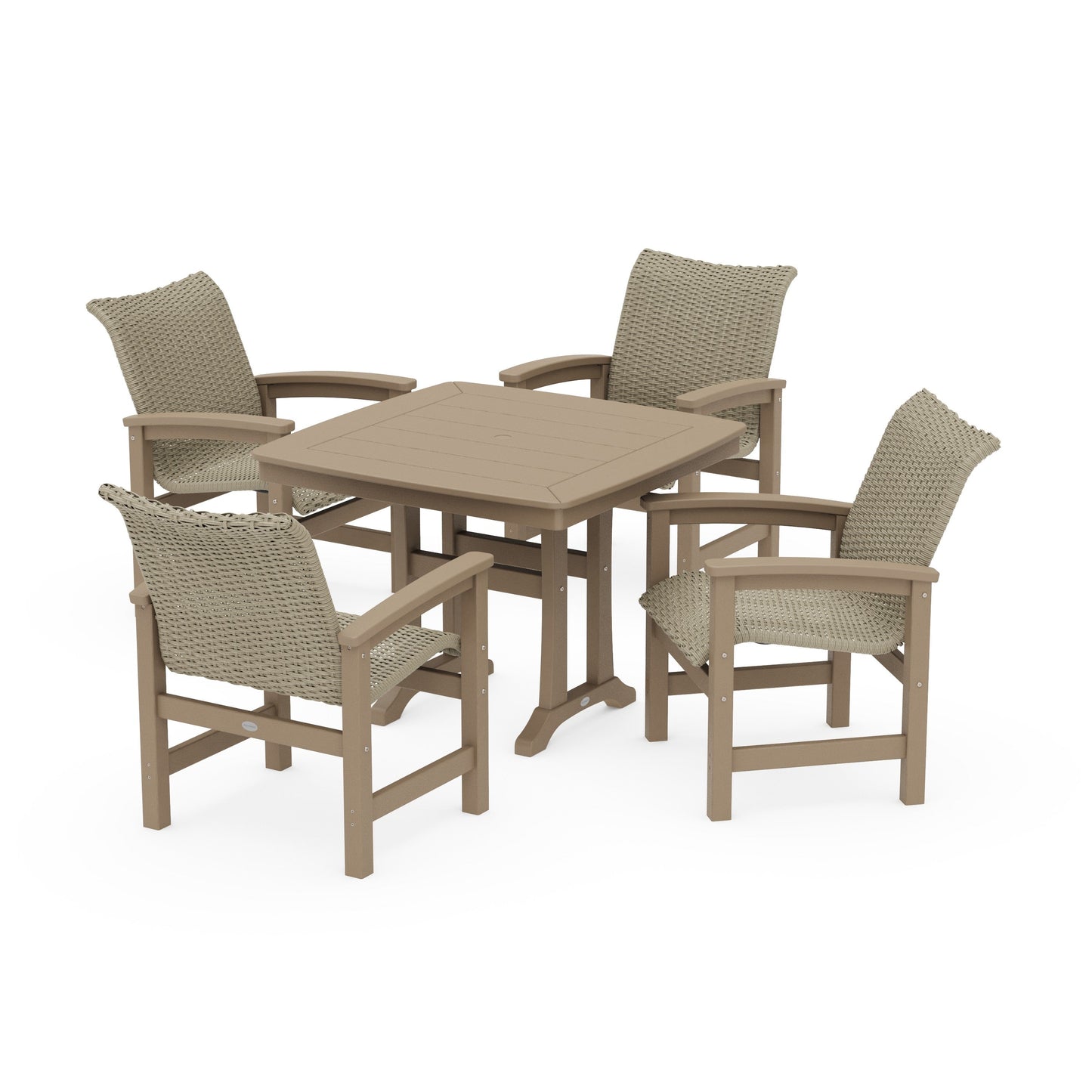 POLYWOOD Coastal Woven 5-Piece Dining Set with Trestle Legs — Vintage Sahara / Dune Grass