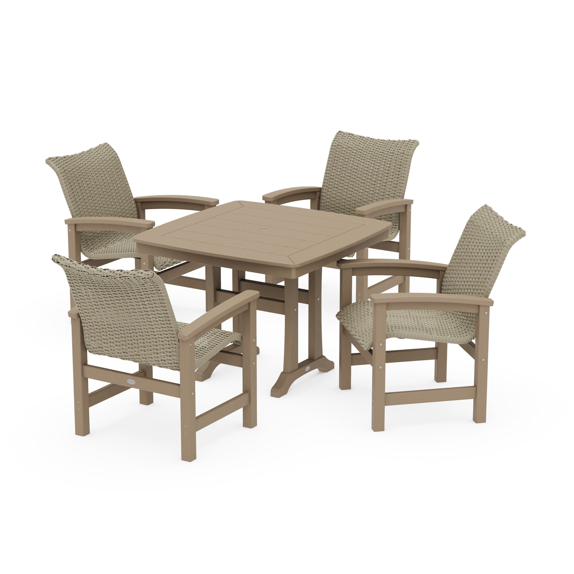 POLYWOOD Coastal Woven 5-Piece Dining Set with Trestle Legs — Vintage Sahara / Dune Grass