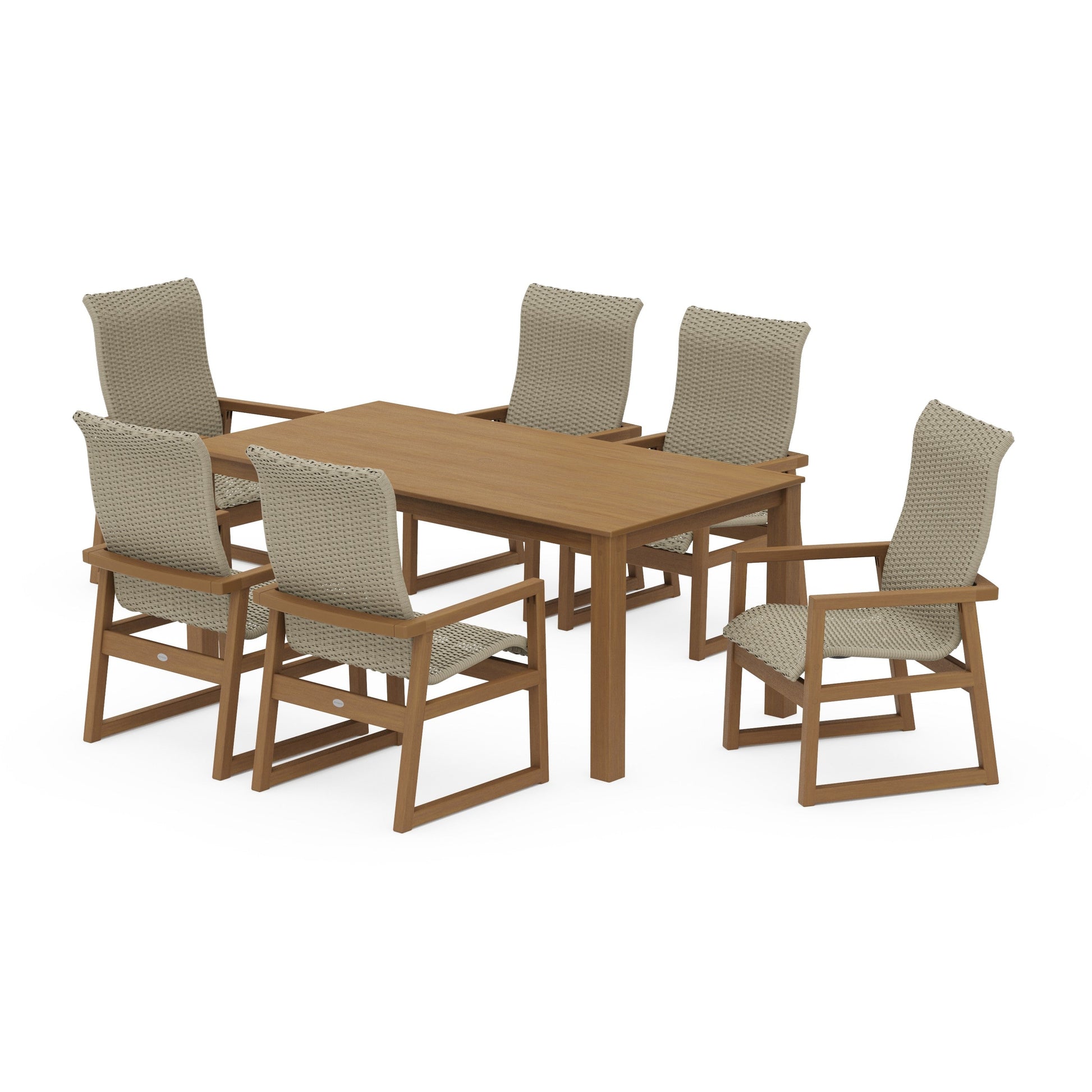 POLYWOOD EDGE Woven Highback Arm Chair 7-Piece Parsons Dining Set — Natural / Dune Grass