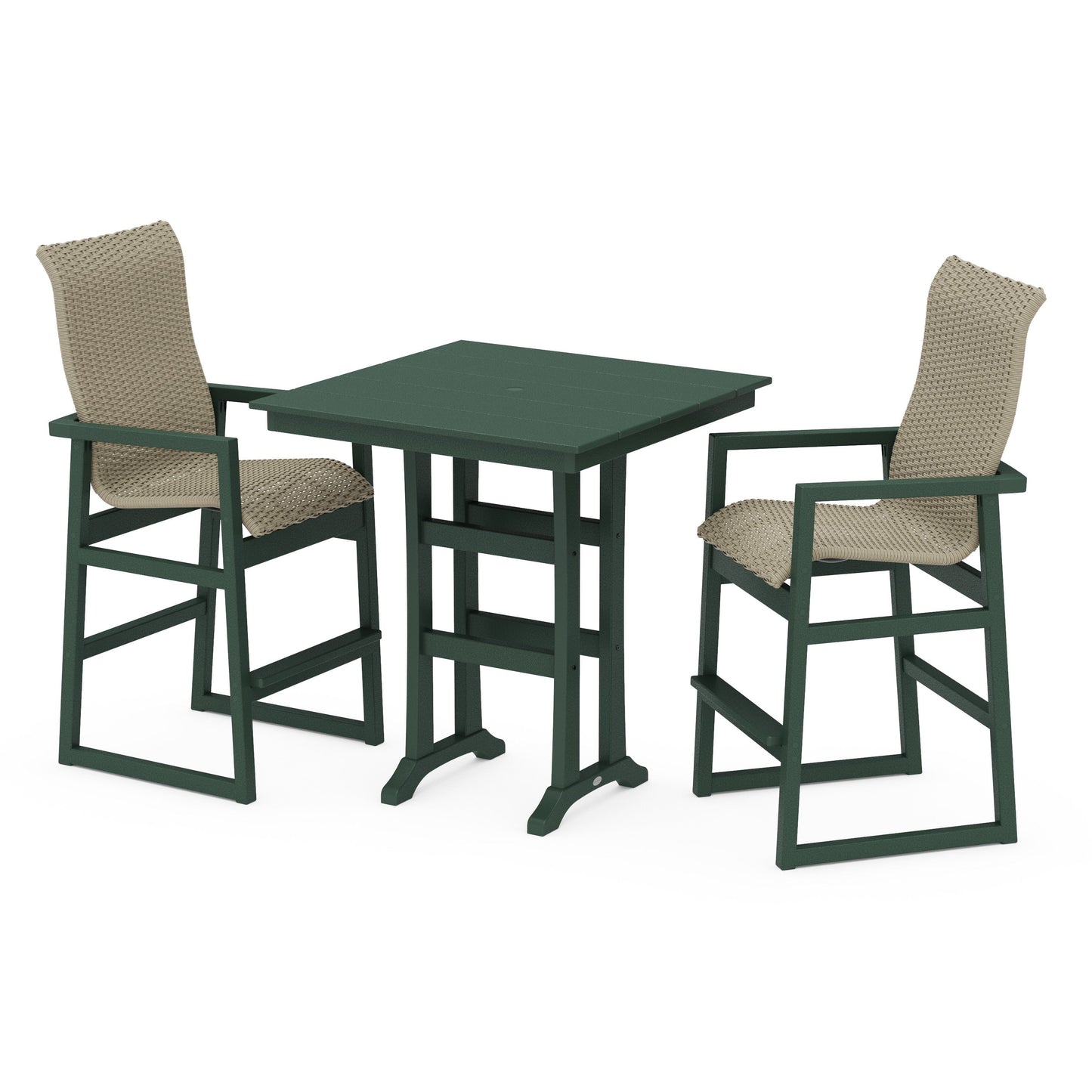 POLYWOOD EDGE Woven Highback 3-Piece Farmhouse Bar Set with Trestle Legs — Green / Dune Grass
