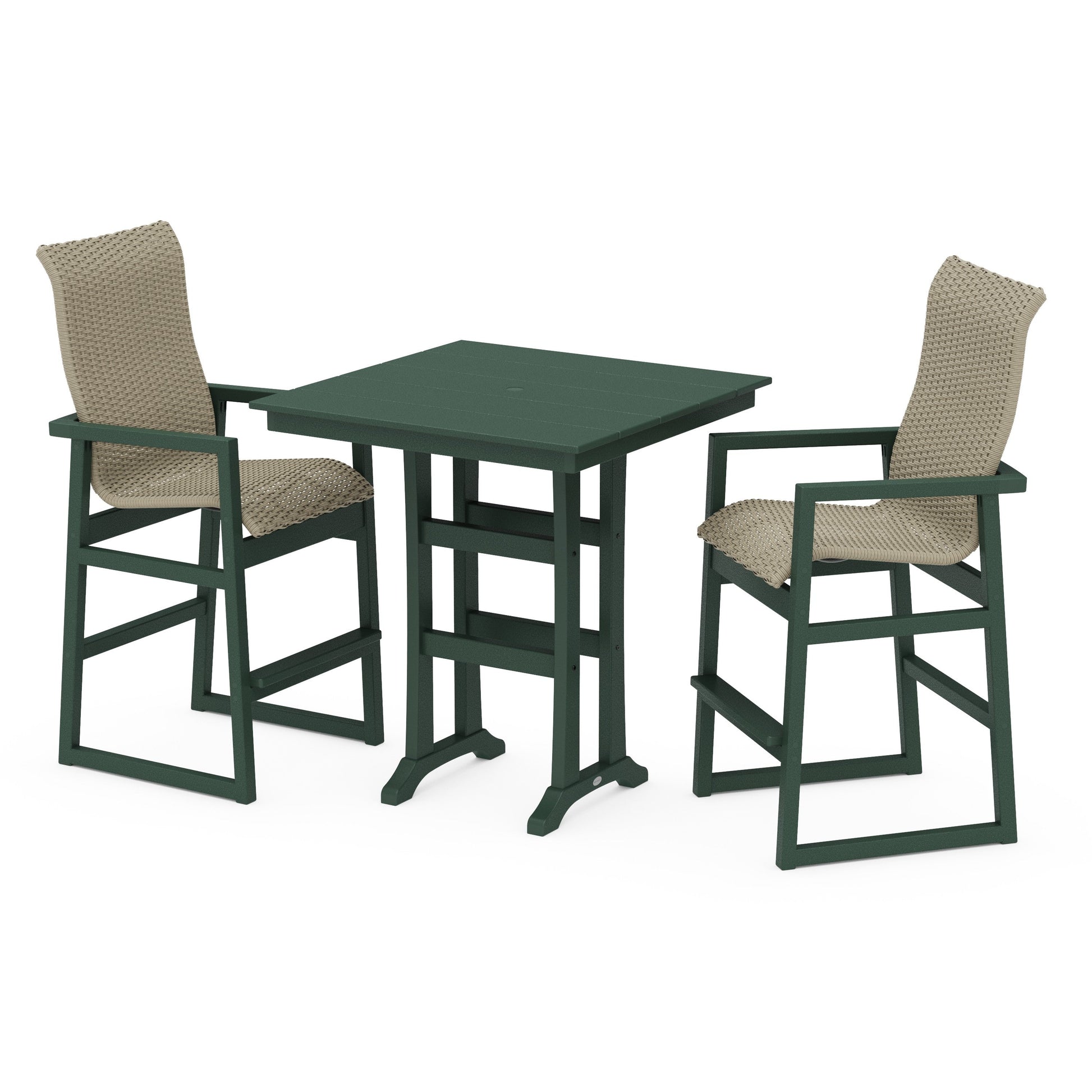 POLYWOOD EDGE Woven Highback 3-Piece Farmhouse Bar Set with Trestle Legs — Green / Dune Grass