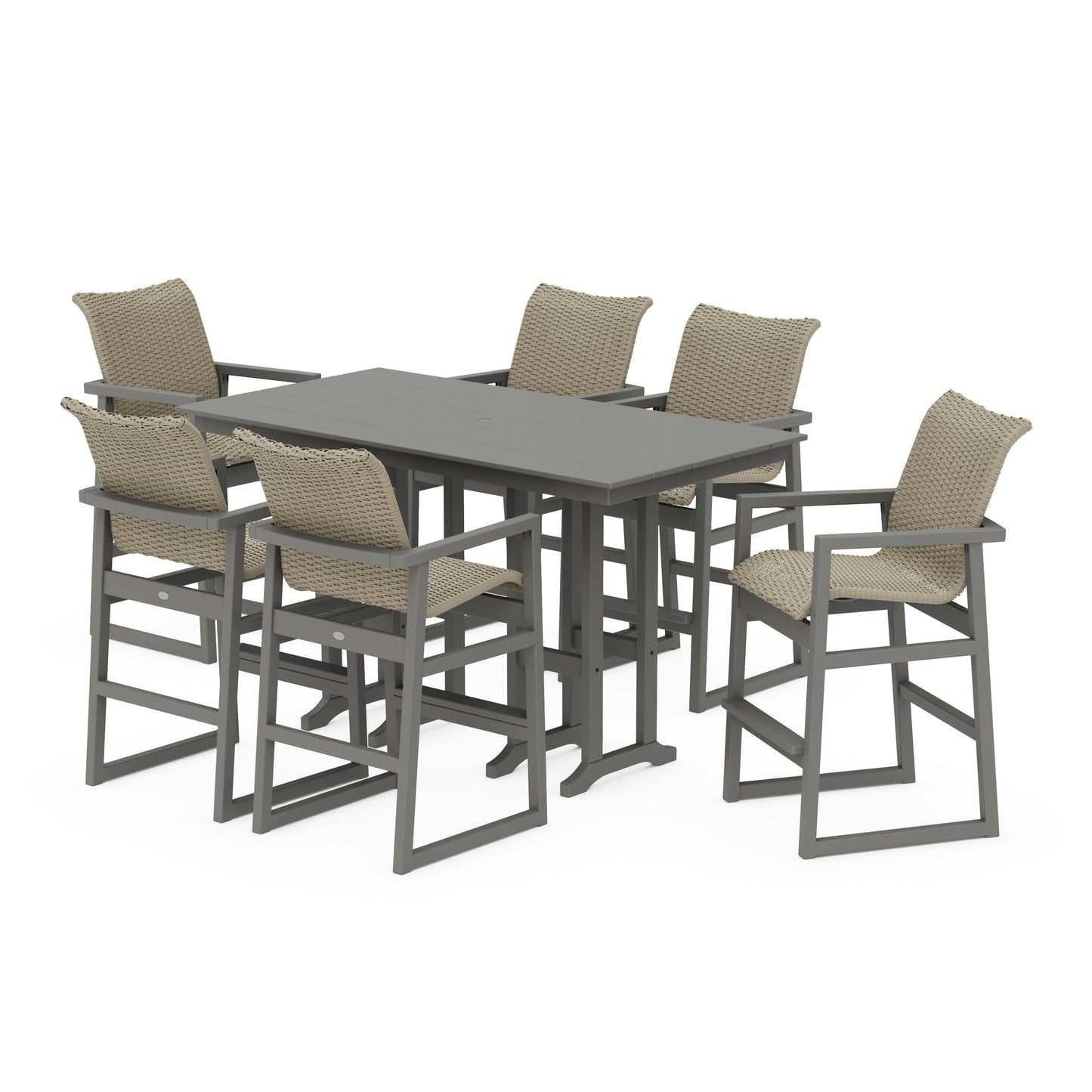 POLYWOOD EDGE Woven Arm Chair 7-Piece Farmhouse Bar Set — Slate Grey / Dune Grass