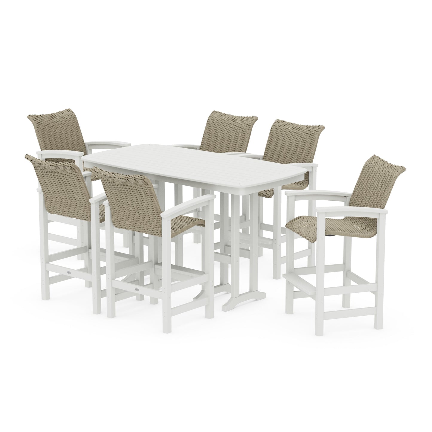 POLYWOOD Coastal Woven Arm Chair 7-Piece Bar Set — Vintage White / Dune Grass