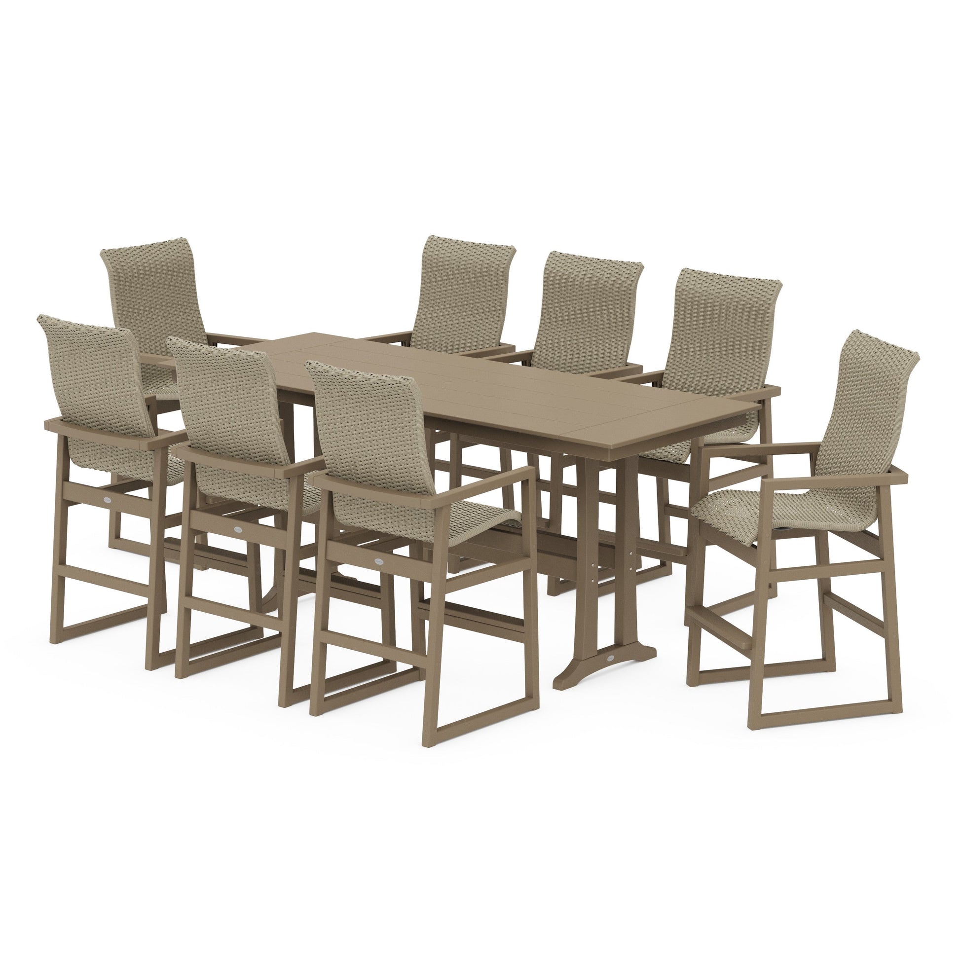 POLYWOOD EDGE Woven Highback 9-Piece Farmhouse Bar Set with Trestle Legs — Vintage Sahara / Dune Grass