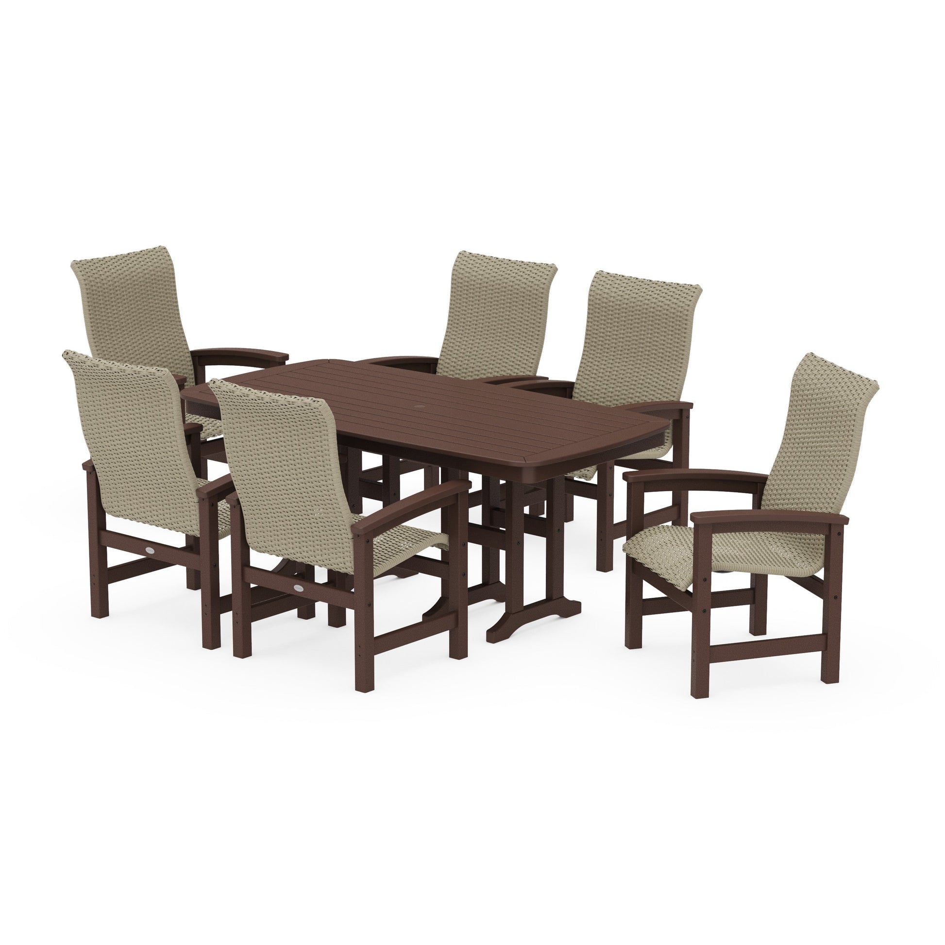 POLYWOOD Coastal Woven High-Back Arm Chair 7-Piece Dining Set — Mahogany / Dune Grass