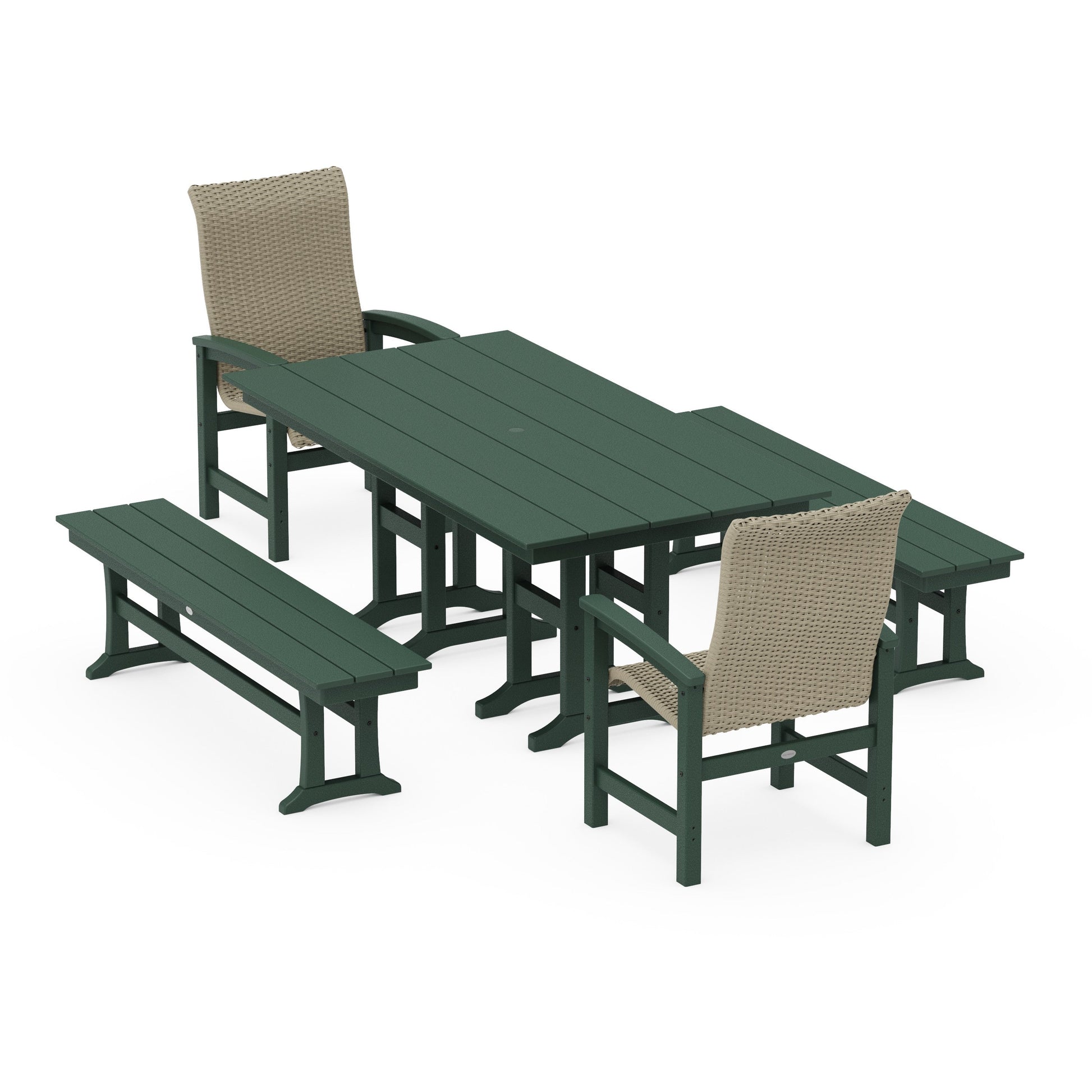 POLYWOOD Coastal Woven High-Back 5-Piece Farmhouse Dining Set with Benches — Green / Dune Grass