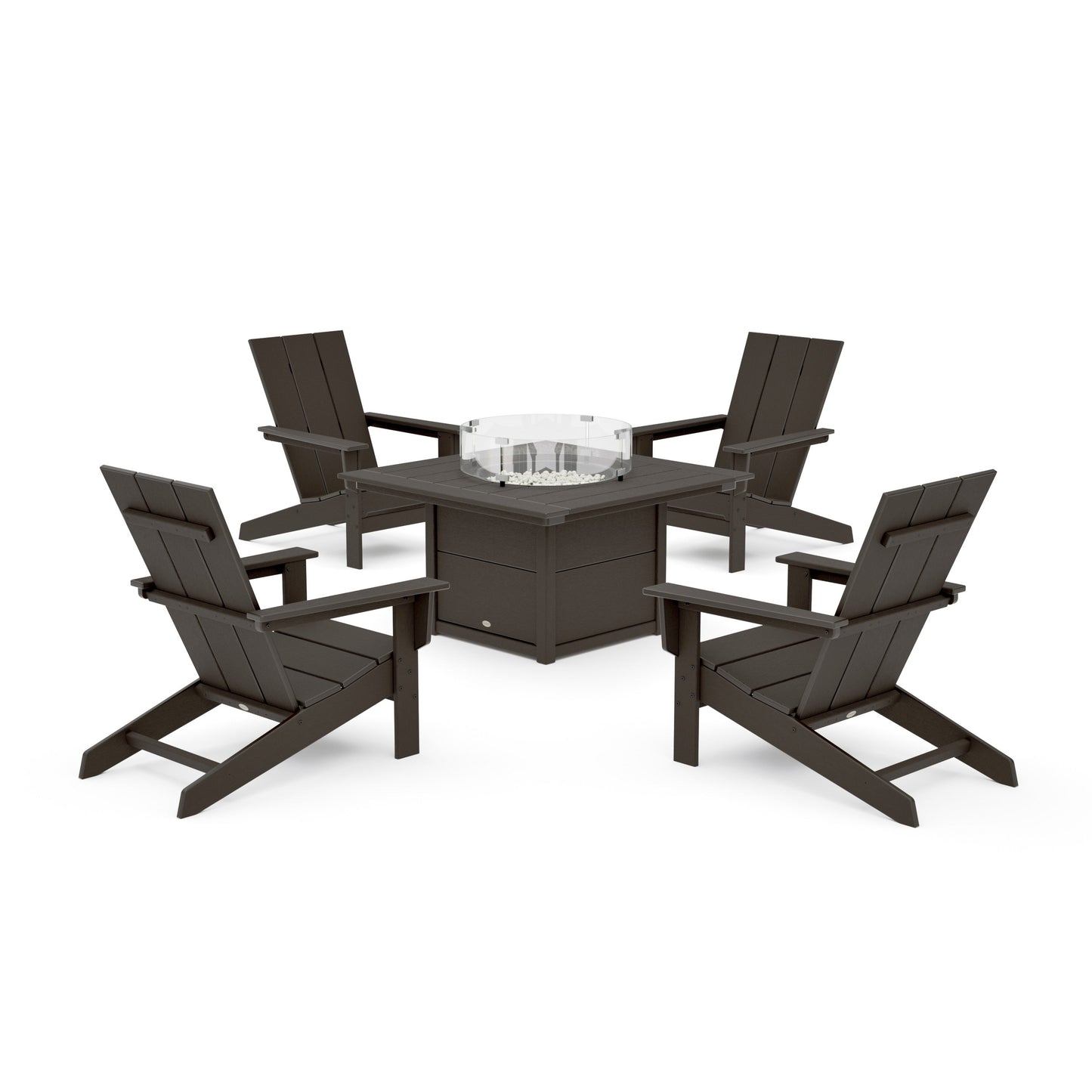 POLYWOOD 5-Piece Modern Studio Adirondack Conversation Set with Fire Pit Table — Vintage Coffee