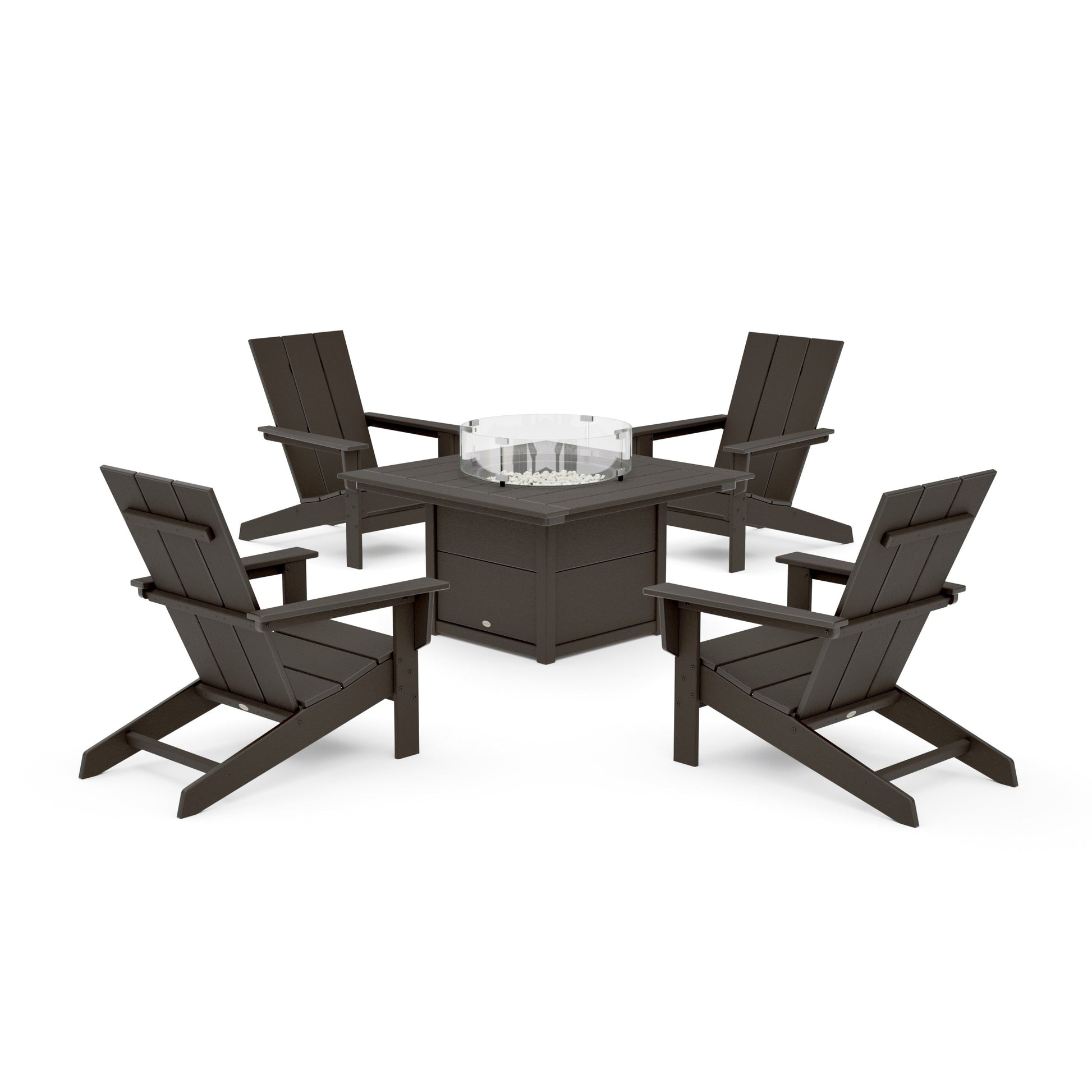 POLYWOOD 5-Piece Modern Studio Adirondack Conversation Set with Fire Pit Table — Vintage Coffee