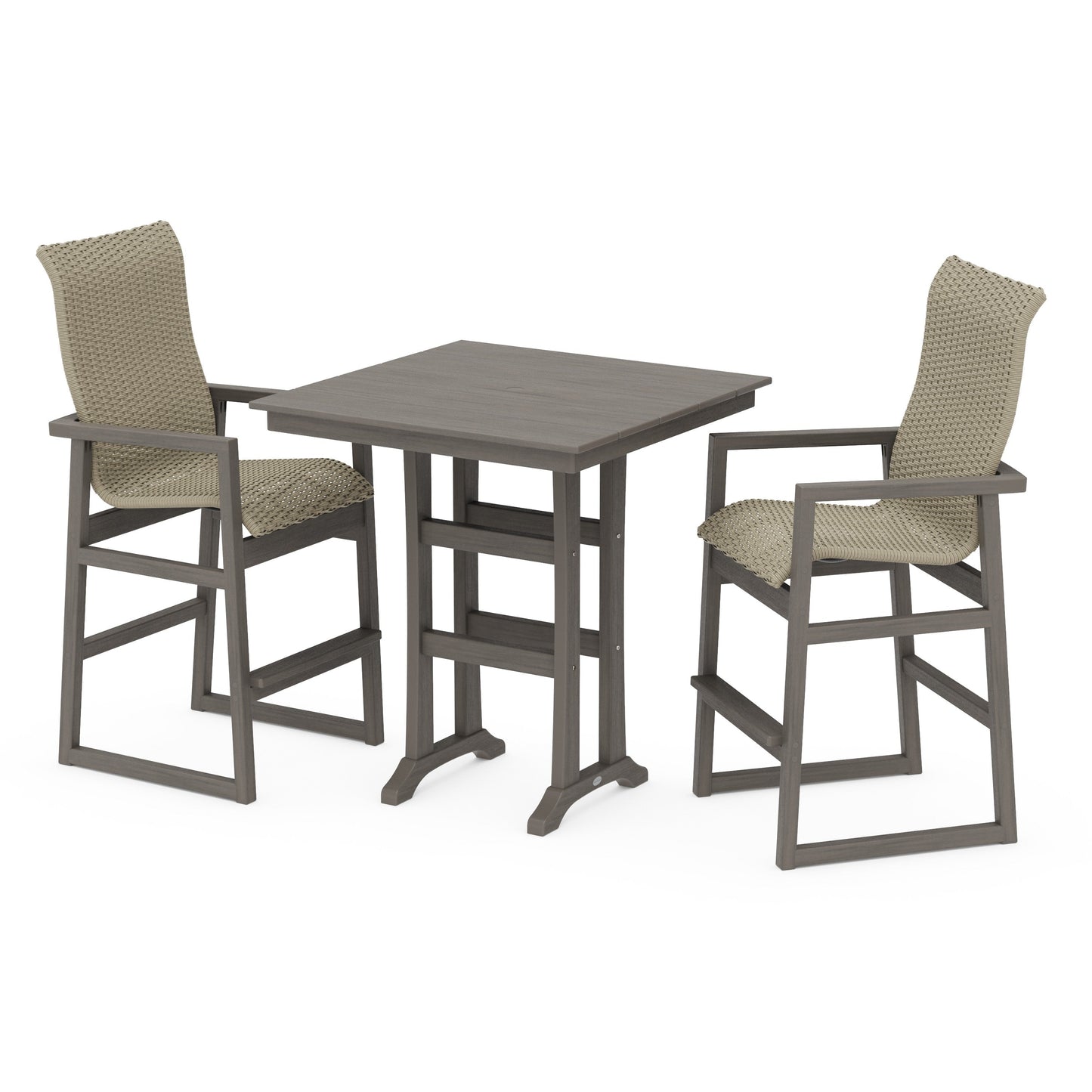 POLYWOOD EDGE Woven Highback 3-Piece Farmhouse Bar Set with Trestle Legs — Driftwood / Dune Grass