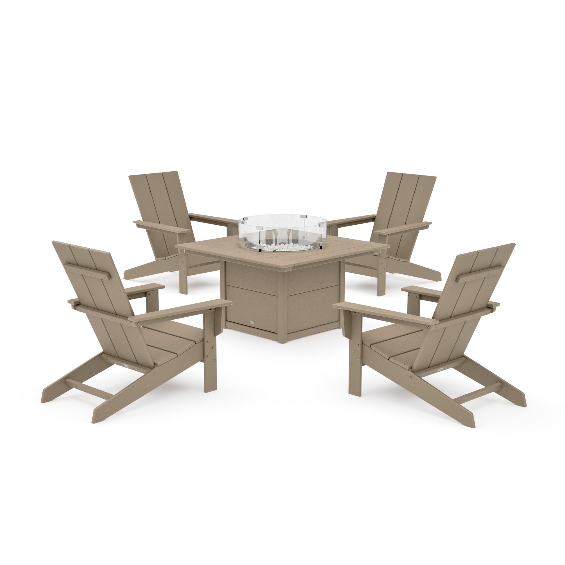 POLYWOOD 5-Piece Modern Studio Adirondack Conversation Set with Fire Pit Table — Vintage Sahara