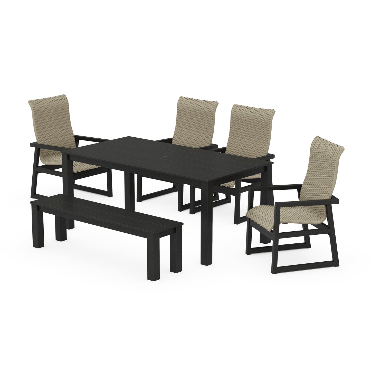 POLYWOOD EDGE Woven Highback 6-Piece Parsons Dining Set with Bench — Black / Dune Grass