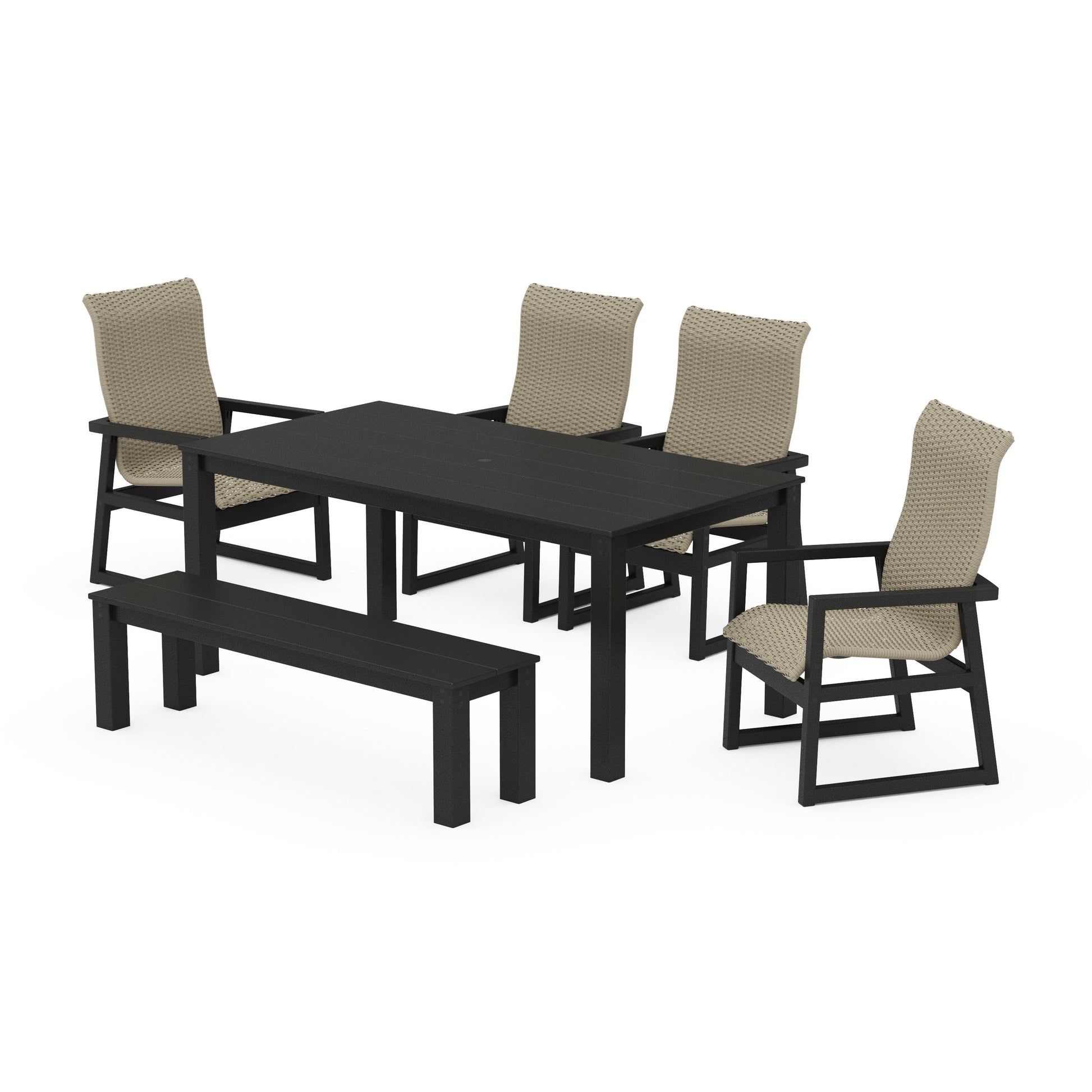 POLYWOOD EDGE Woven Highback 6-Piece Parsons Dining Set with Bench — Black / Dune Grass