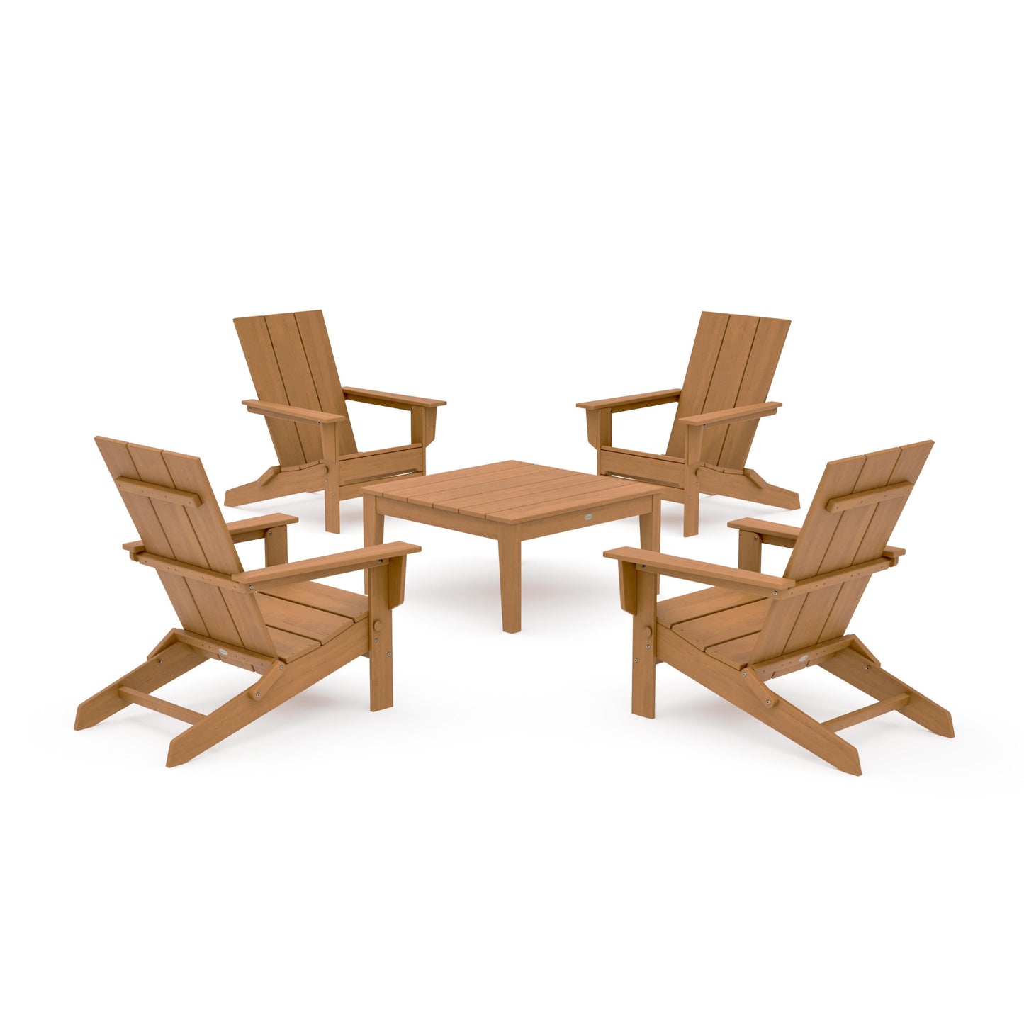 POLYWOOD 5-Piece Modern Studio Folding Adirondack Chair Conversation Group — Natural
