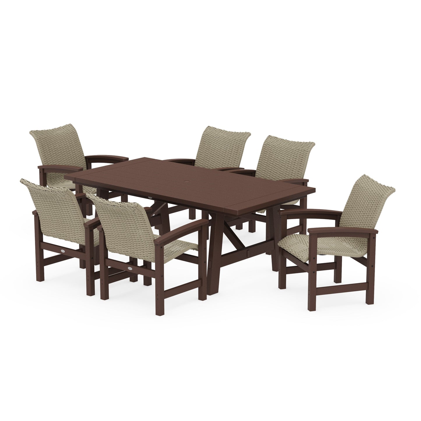 POLYWOOD Coastal Woven Arm Chair 7-Piece Rustic Farmhouse Dining Set — Mahogany / Dune Grass