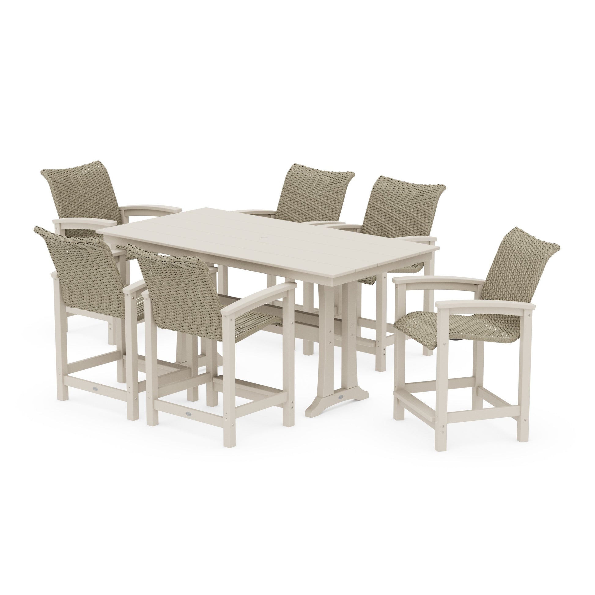 POLYWOOD Coastal Woven Arm Chair 7-Piece Farmhouse Counter Set with Trestle Legs — Sand / Dune Grass