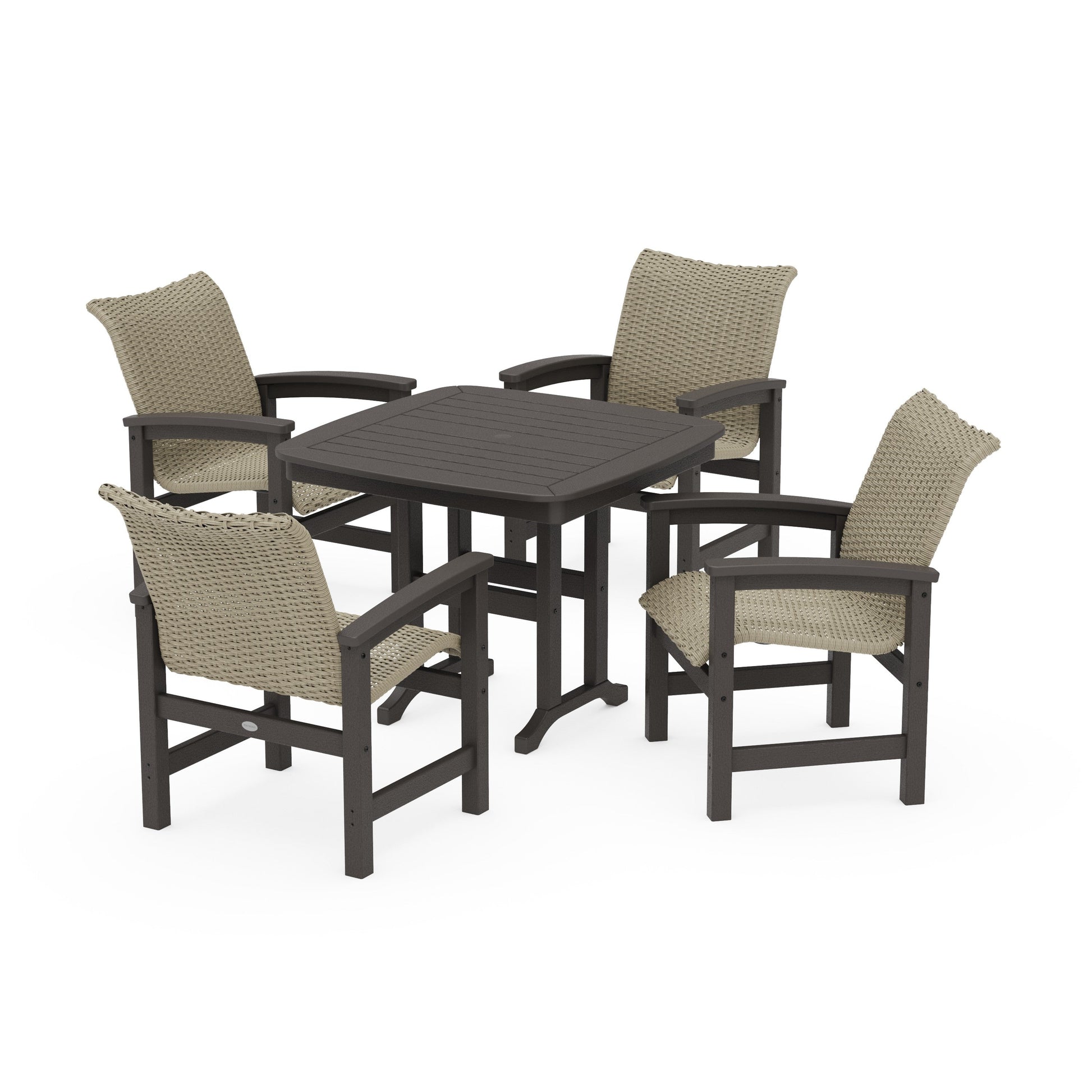 POLYWOOD Coastal Woven 5-Piece Dining Set — Vintage Coffee / Dune Grass
