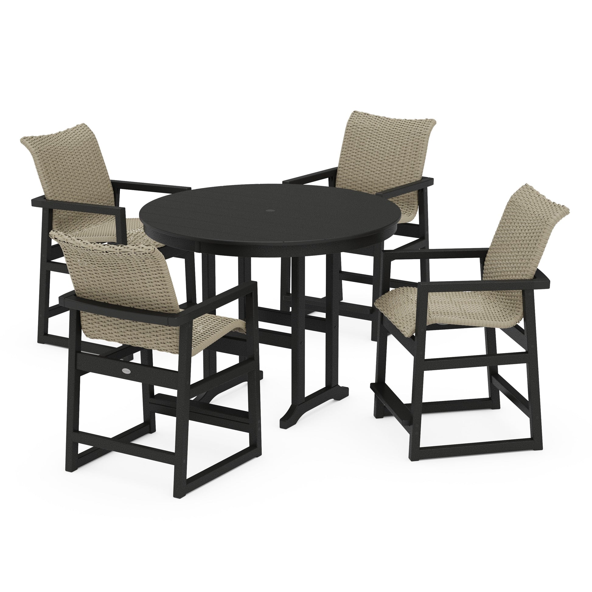 POLYWOOD EDGE Woven 5-Piece Round Farmhouse Counter Set — Black / Dune Grass