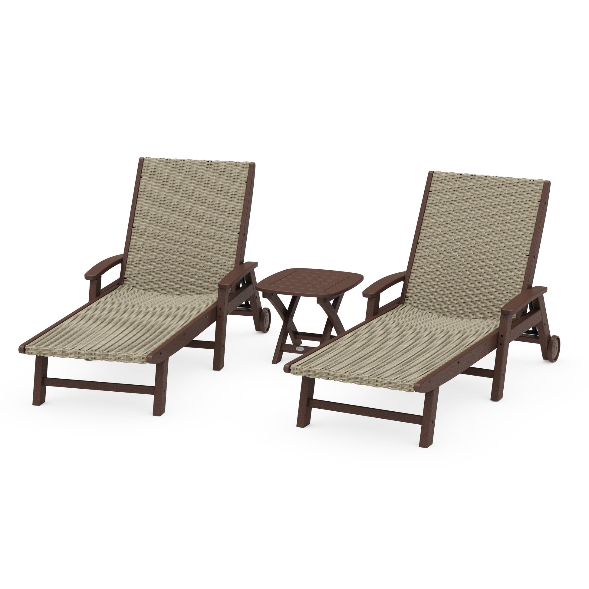 POLYWOOD 3-Piece Coastal Woven Chaise with Arms and Wheels Chaise Lounge Set — Mahogany / Dune Grass