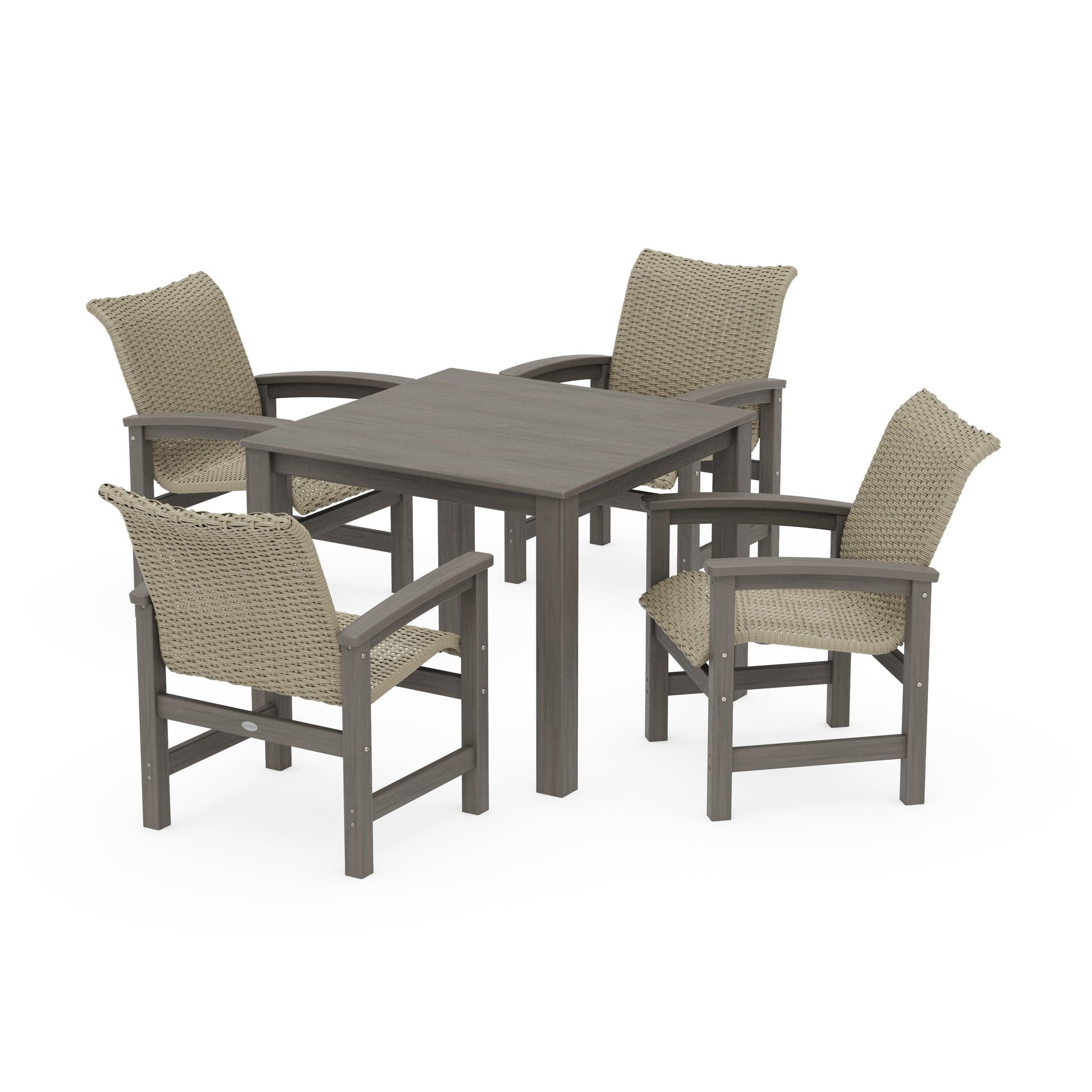 POLYWOOD Coastal Woven 5-Piece Parsons Dining Set — Driftwood / Dune Grass