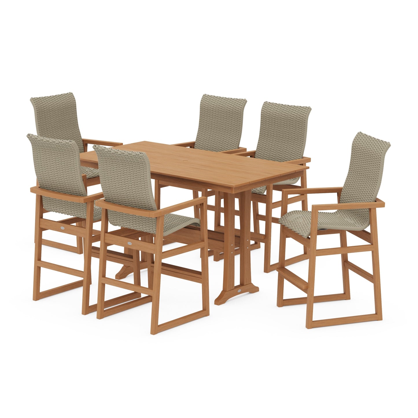 POLYWOOD EDGE Woven Highback Arm Chair 7-Piece Farmhouse Bar Set with Trestle Legs — Natural / Dune Grass