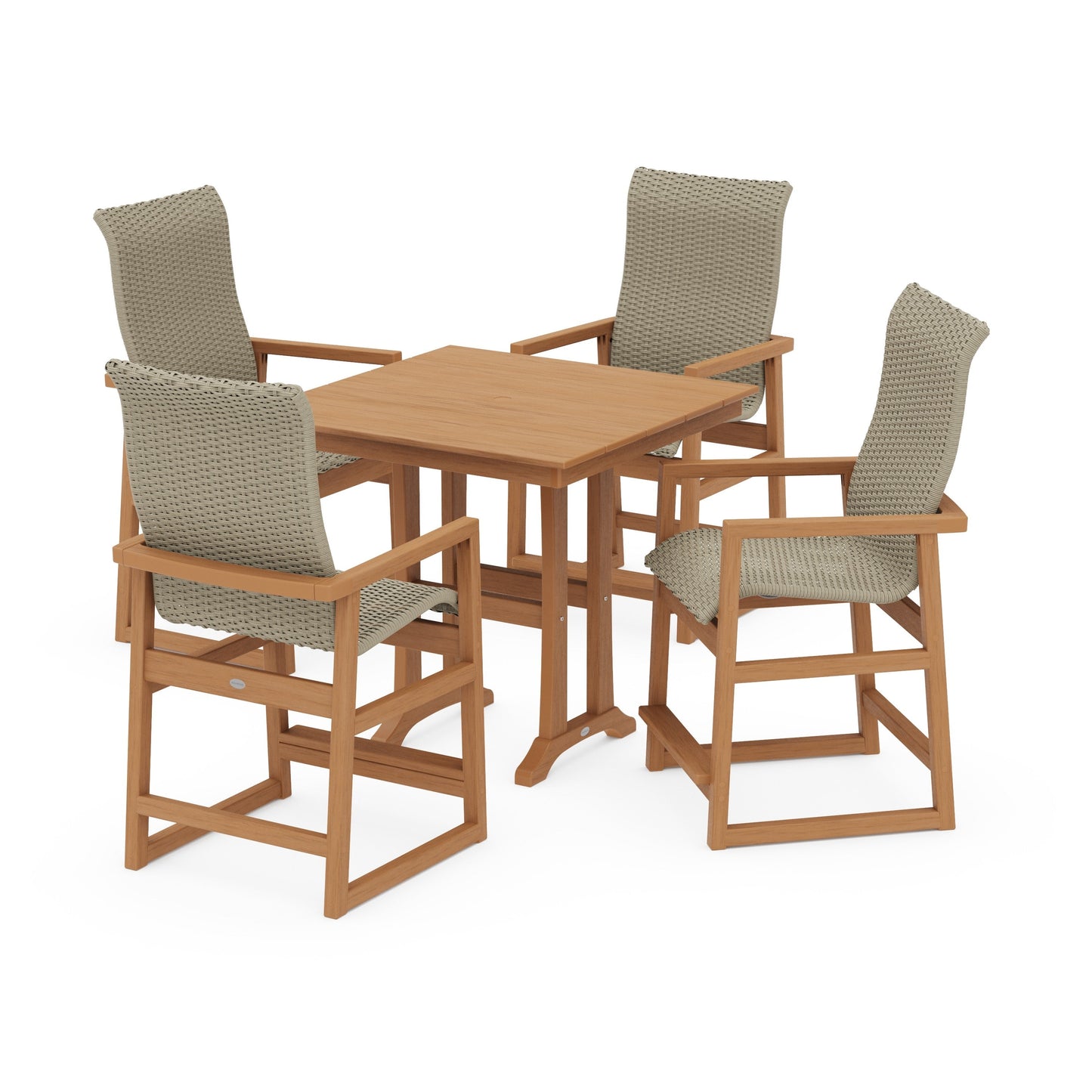 POLYWOOD EDGE Woven Highback 5-Piece Farmhouse Counter Set with Trestle Legs — Natural / Dune Grass