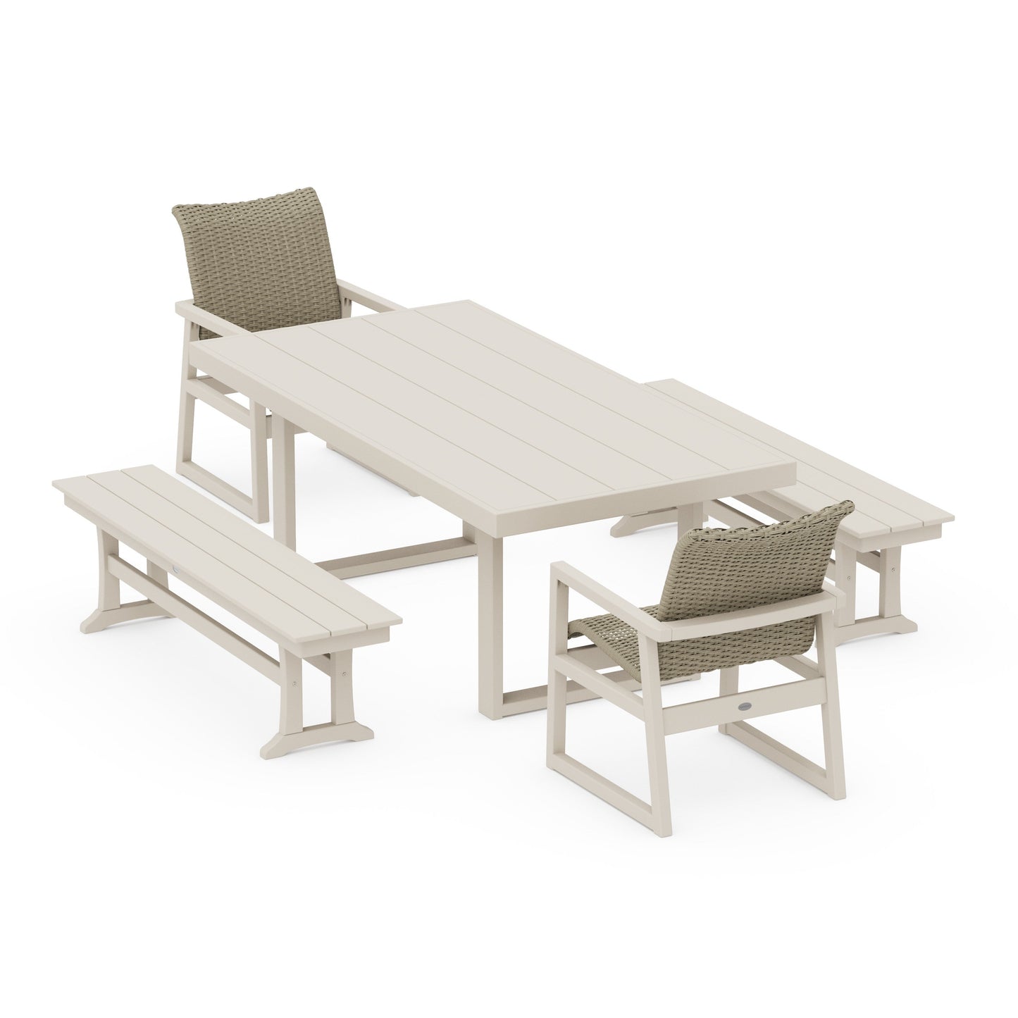 POLYWOOD EDGE Woven 5-Piece Dining Set with Benches — Sand / Dune Grass