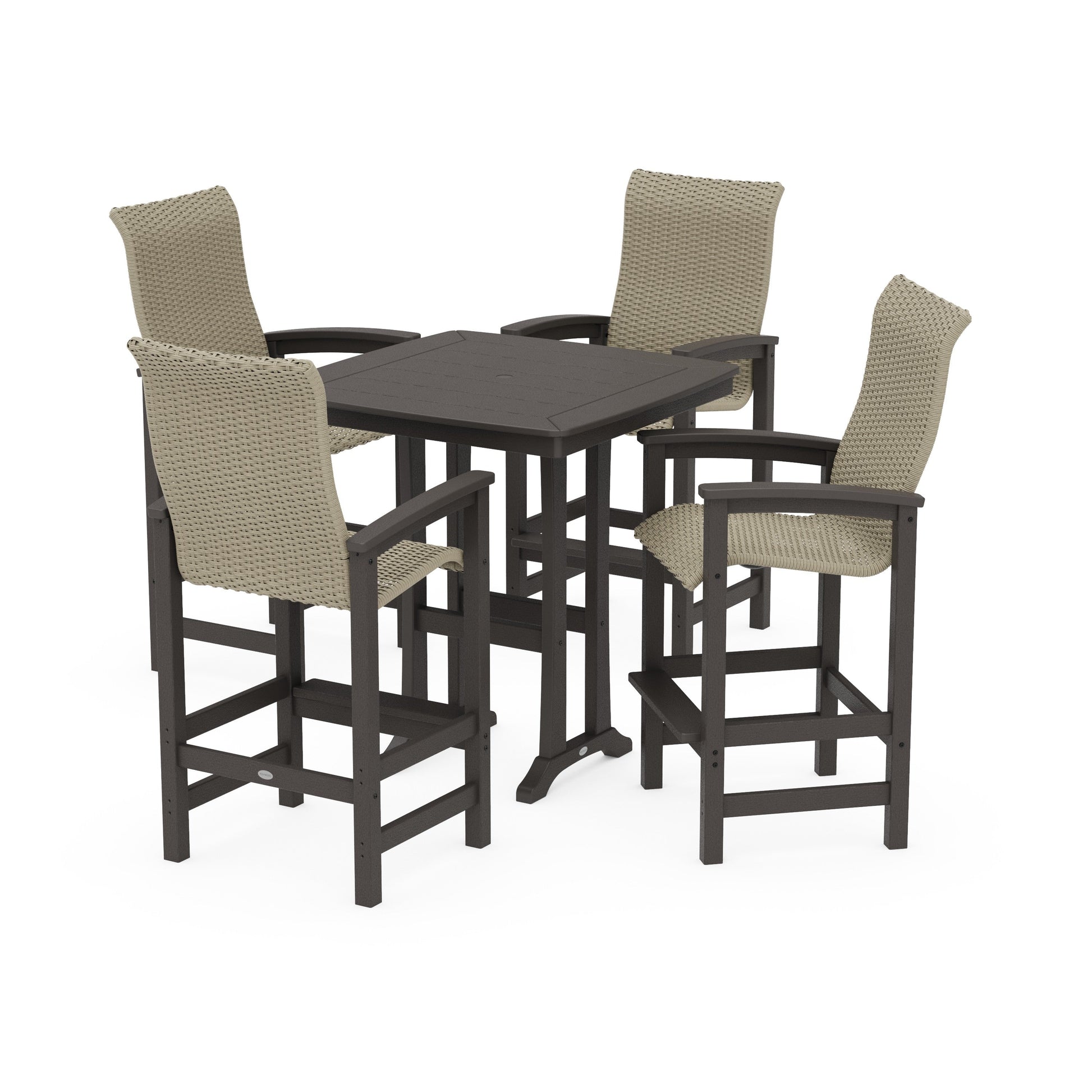 POLYWOOD Coastal Woven High-Back 5-Piece Bar Set with Trestle Legs — Vintage Coffee / Dune Grass