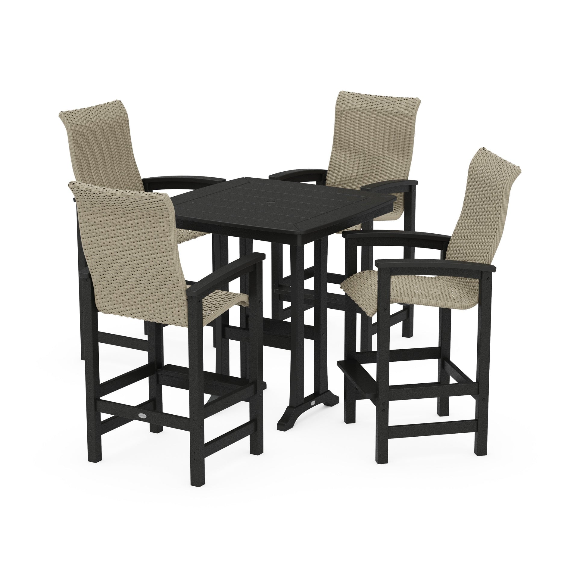 POLYWOOD Coastal Woven High-Back 5-Piece Bar Set with Trestle Legs — Black / Dune Grass